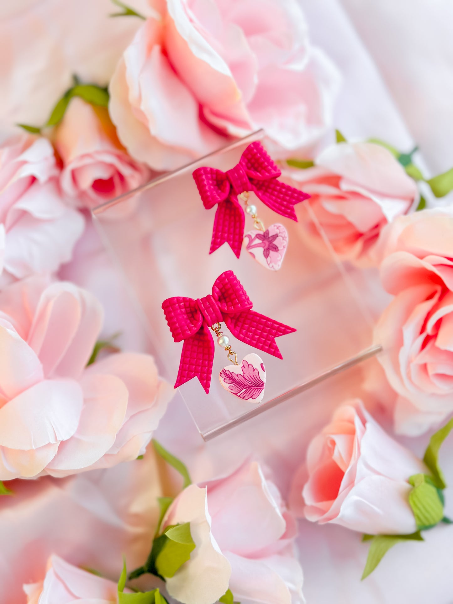 Deep Pink Bows with Chinoiserie Hearts Drops