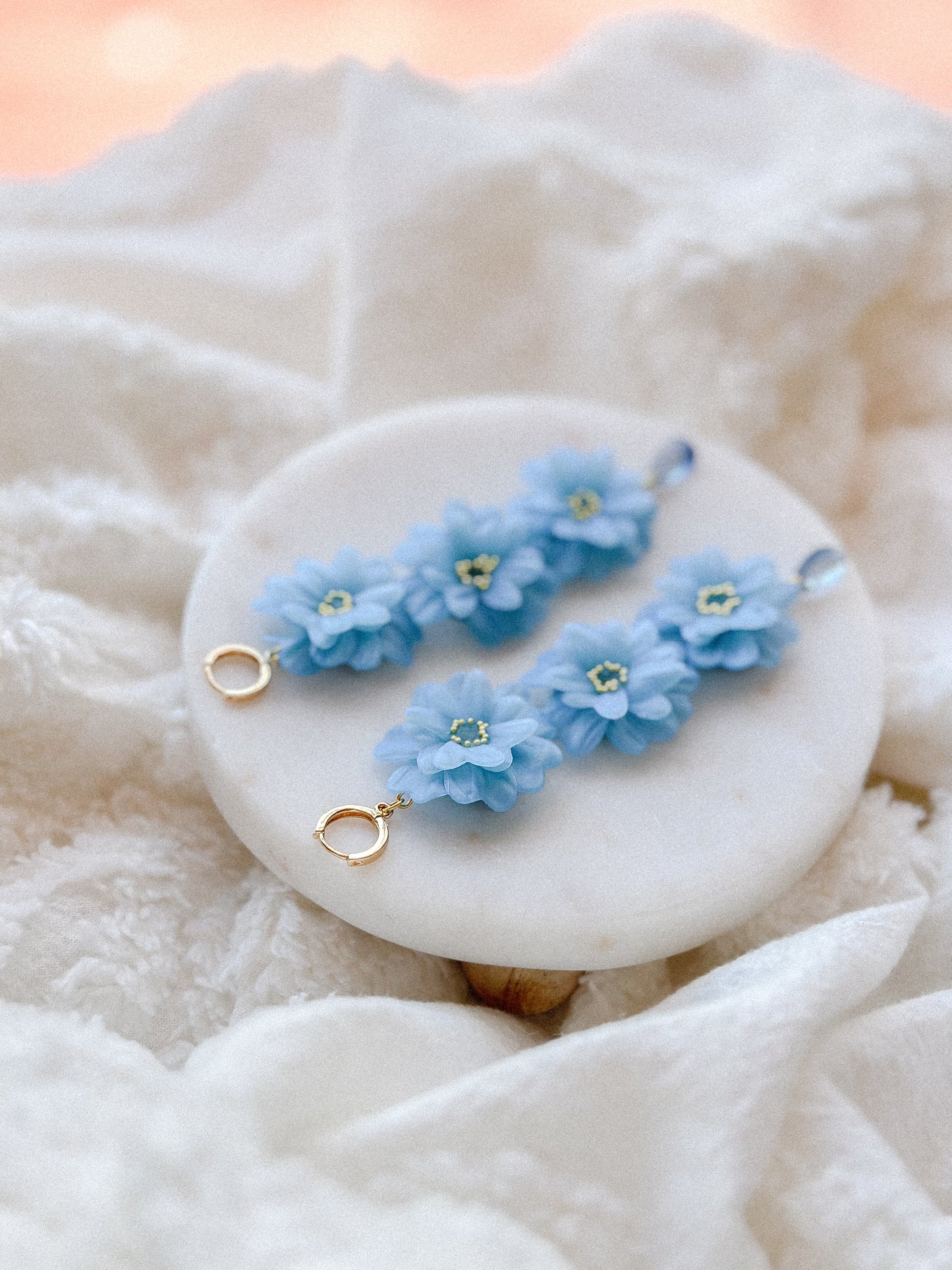 Blue Translucent Triple Flowers Dangles Earrings