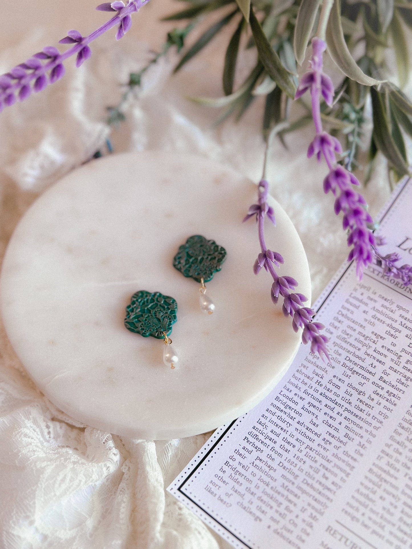 Emerald Lace Damask Pearl Studs