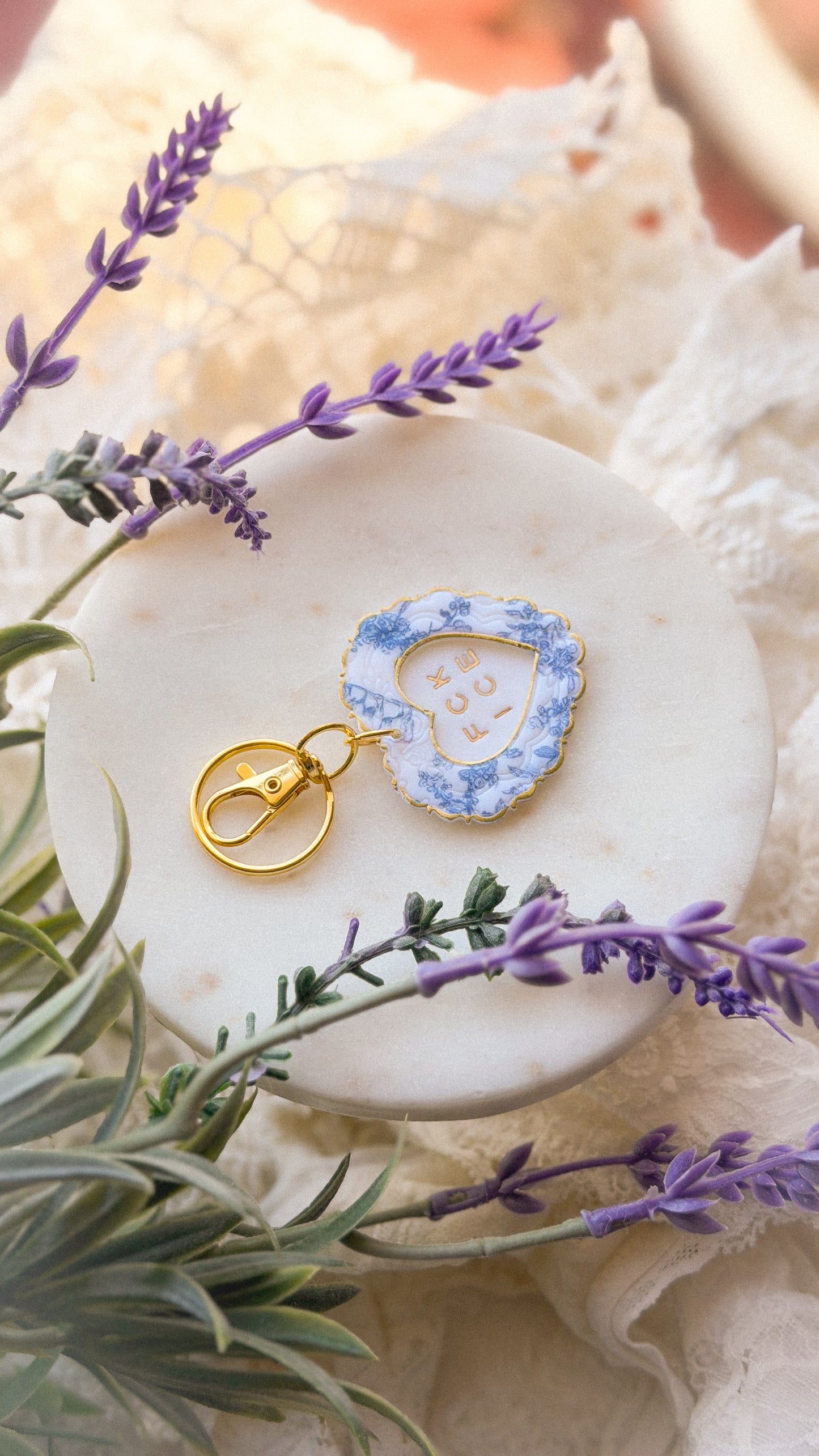 Close-up of Chinoiserie FCK ICE Heart Keychain showing textured polymer clay heart and sturdy ring — perfect expressive bag charm or key accessory.