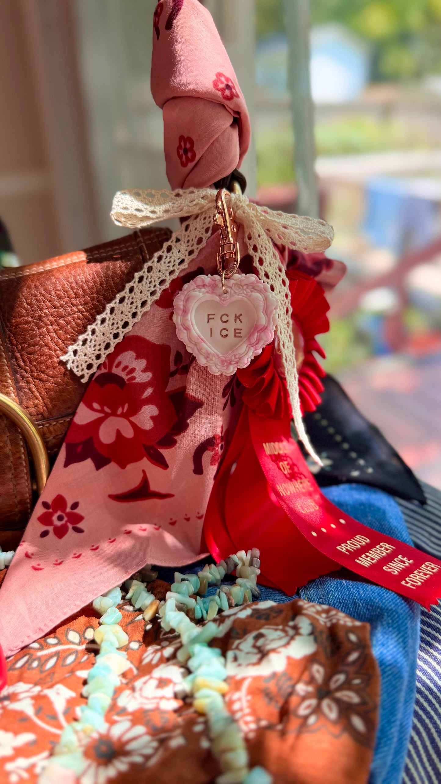 FCK ICE PINK Chinoiserie Heart Keychain in ROSE GOLD- Handmade Polymer Clay Bag Charm- LIMITED EDITION