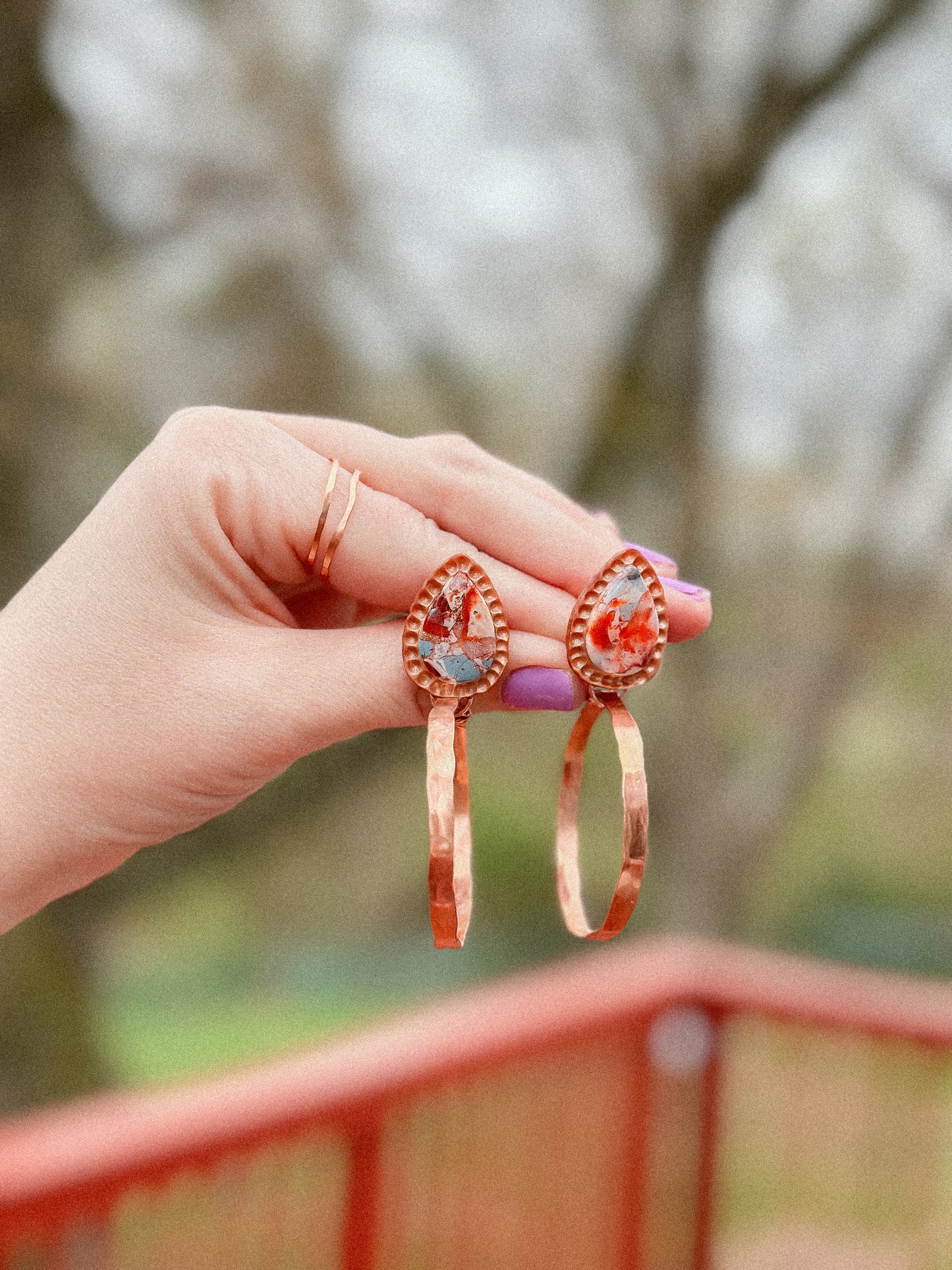 Oyster Copper Turquoise Hammered Hoop Earrings