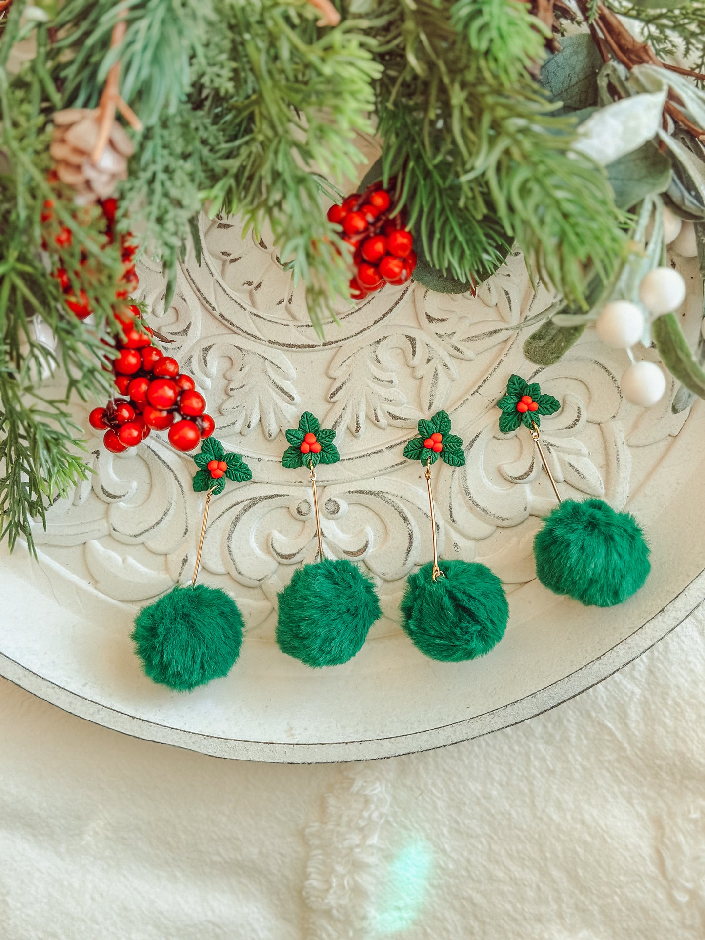 Holly Sprig Green Pom Drops