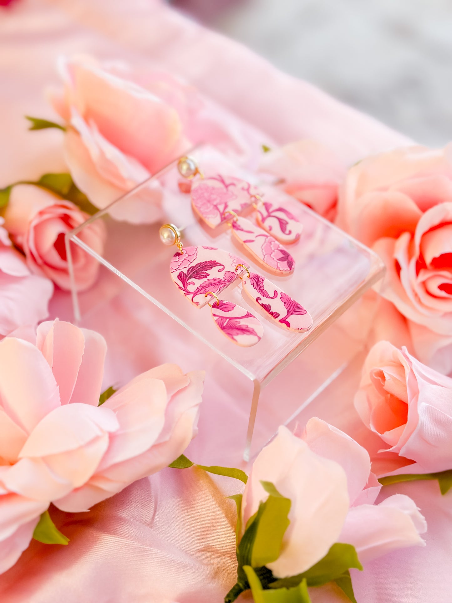 Pink Chinoiserie Organic Pearl Dangles