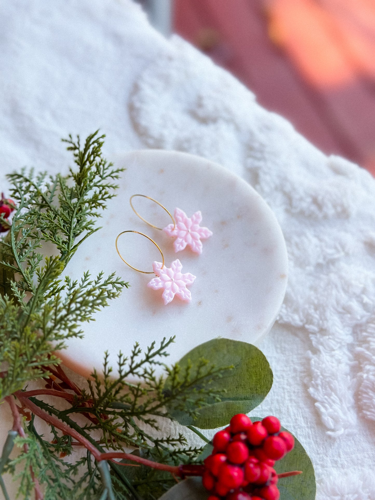 Ice Queen Pink Pearl Shimmer Snowflake Gold Hoops