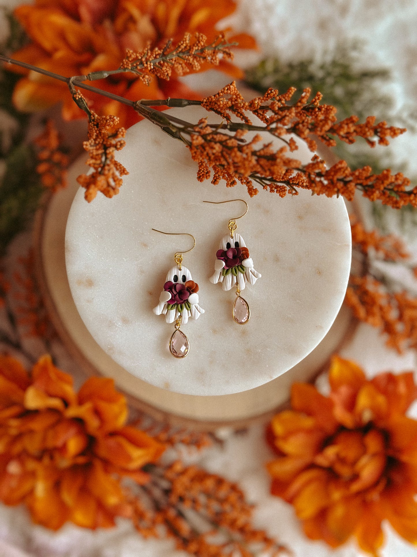 Handmade Halloween ghost floral bouquet polymer clay dangle earrings
