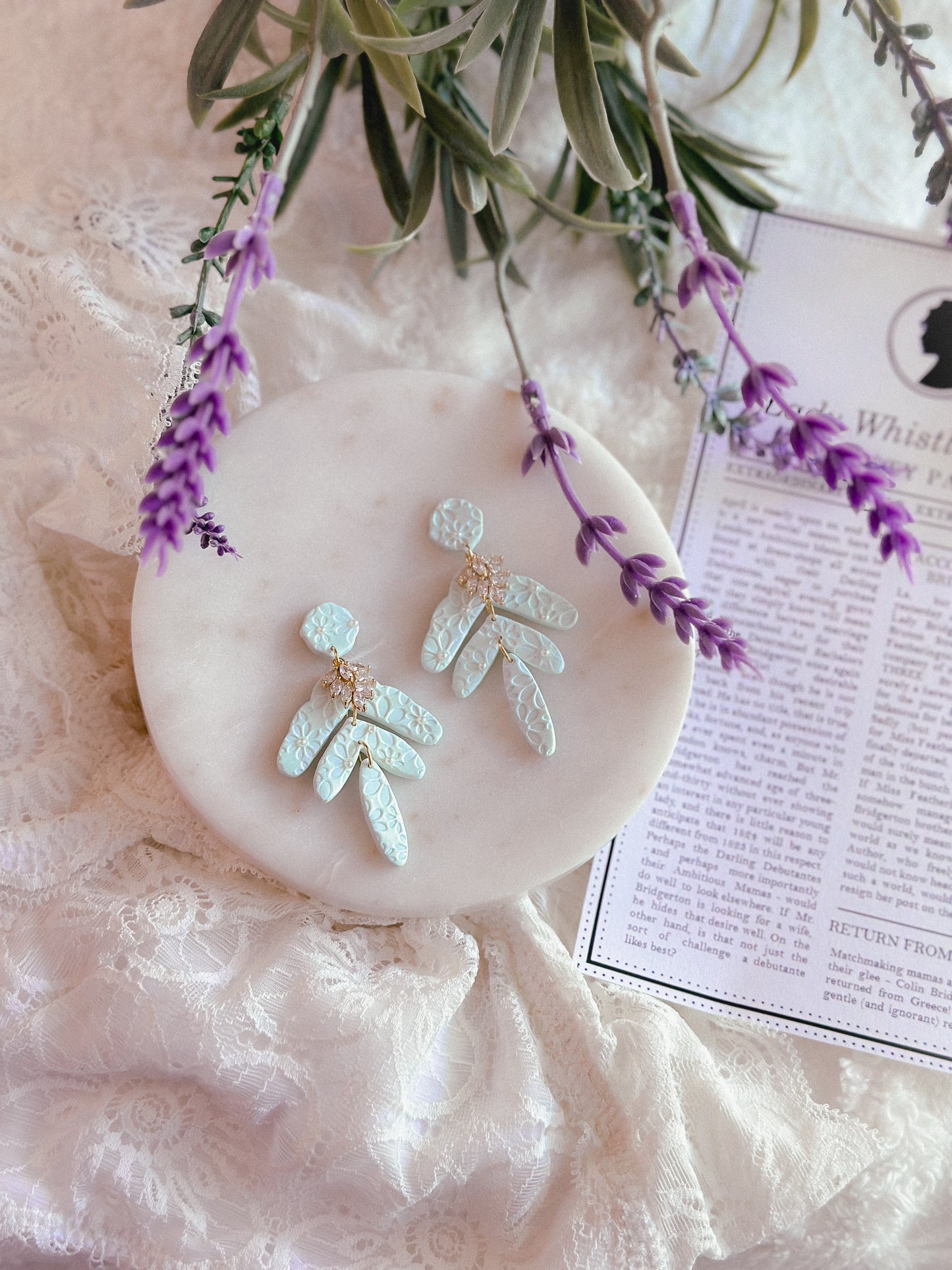 Mint Lace Daisy Crystal Dangles