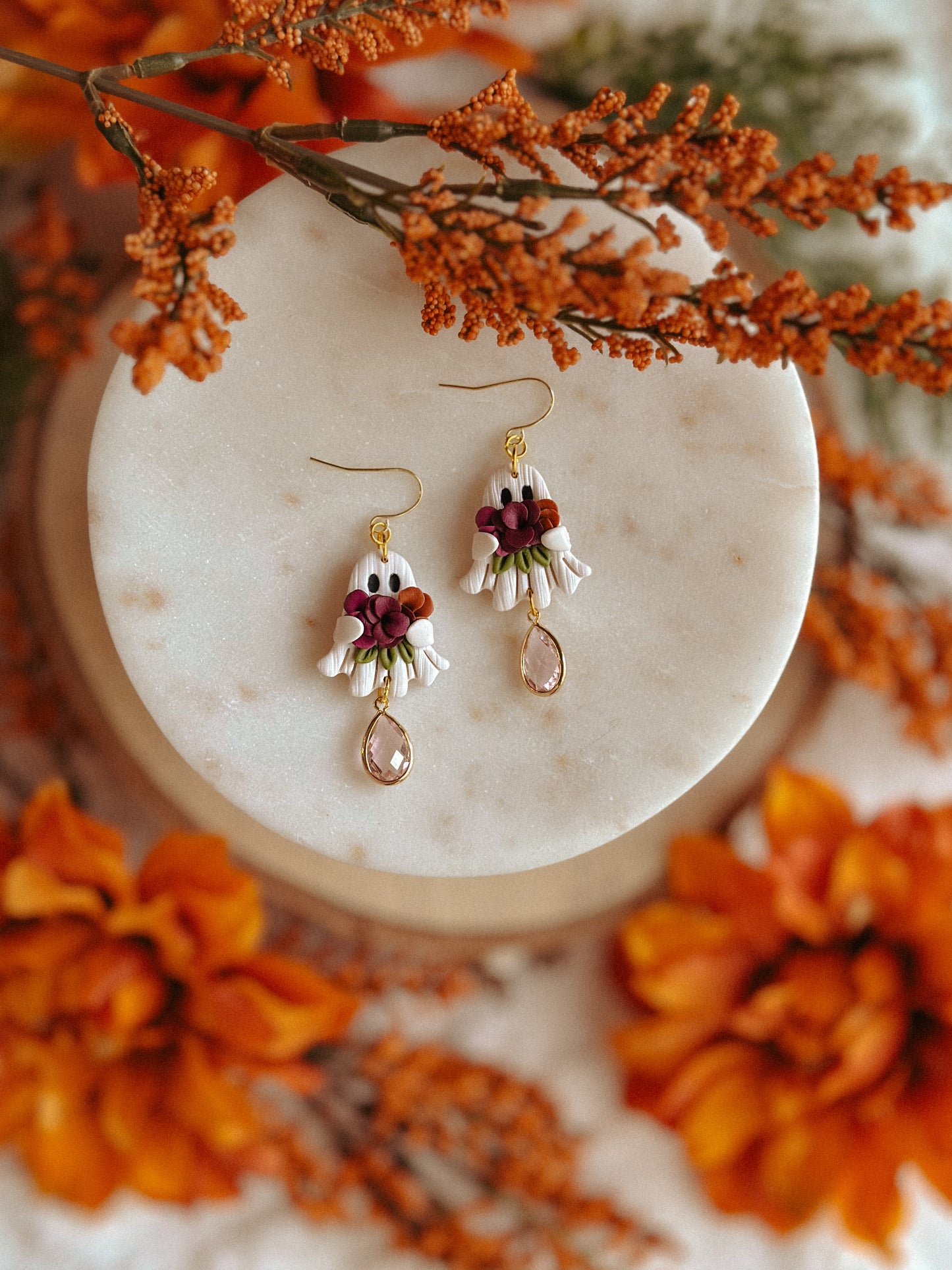 Handmade Halloween ghost floral bouquet polymer clay dangle earrings