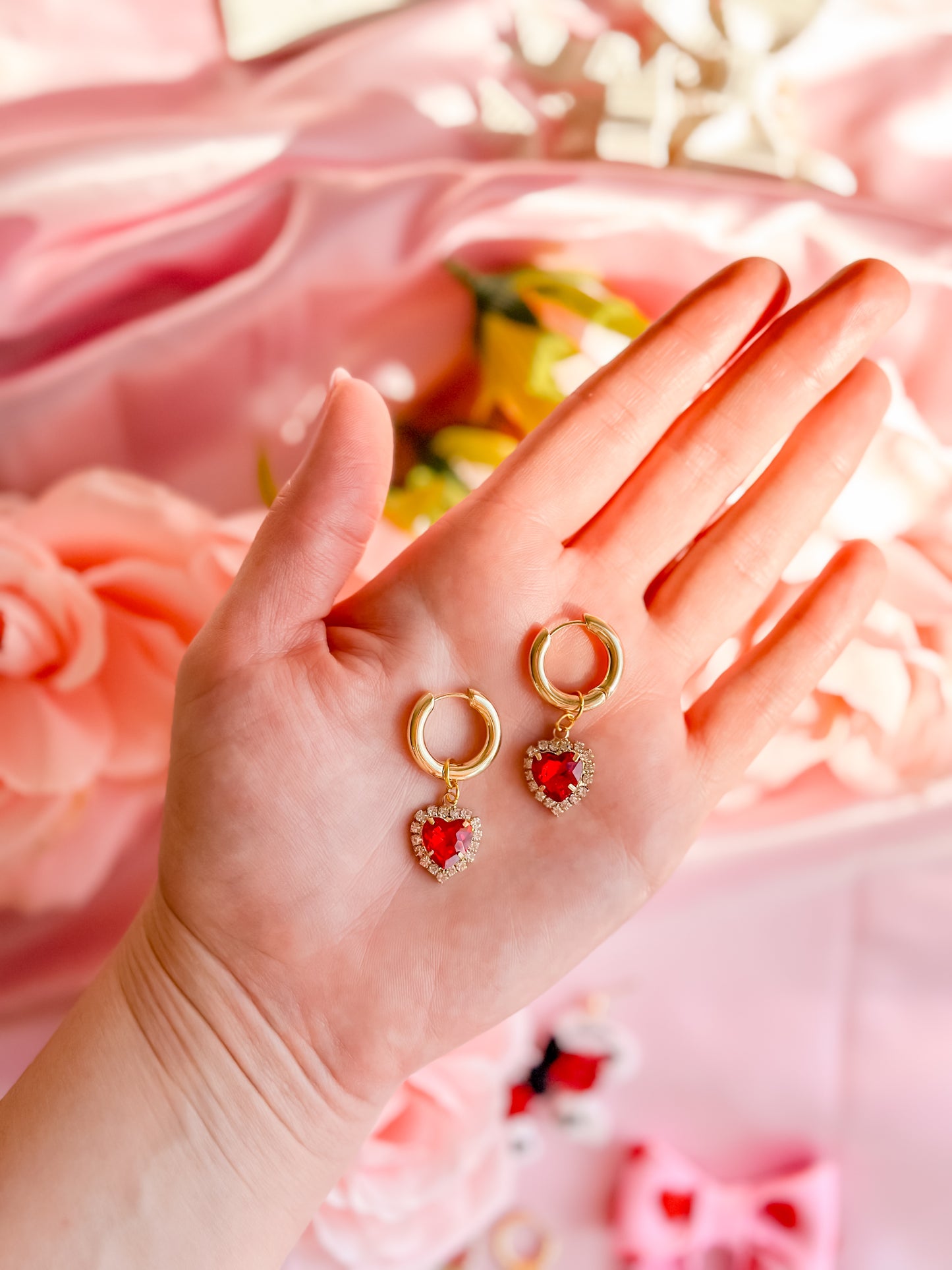 Ruby Red Heart Charm Huggie Hoops