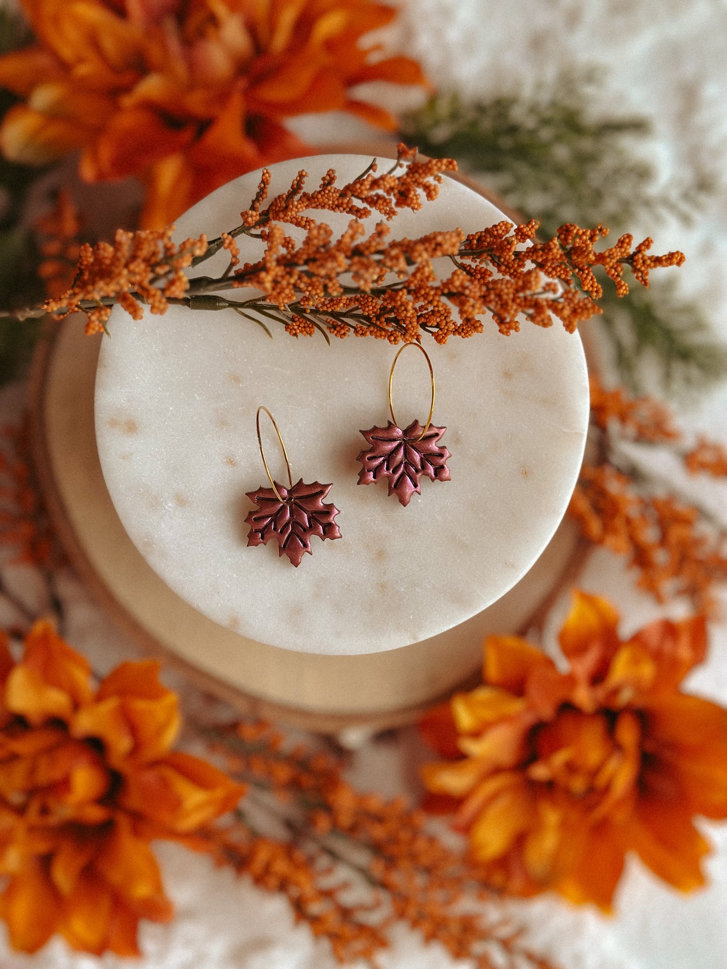 Mulberry shimmer maple leaf hoop polymer clay earrings autumn jewelry