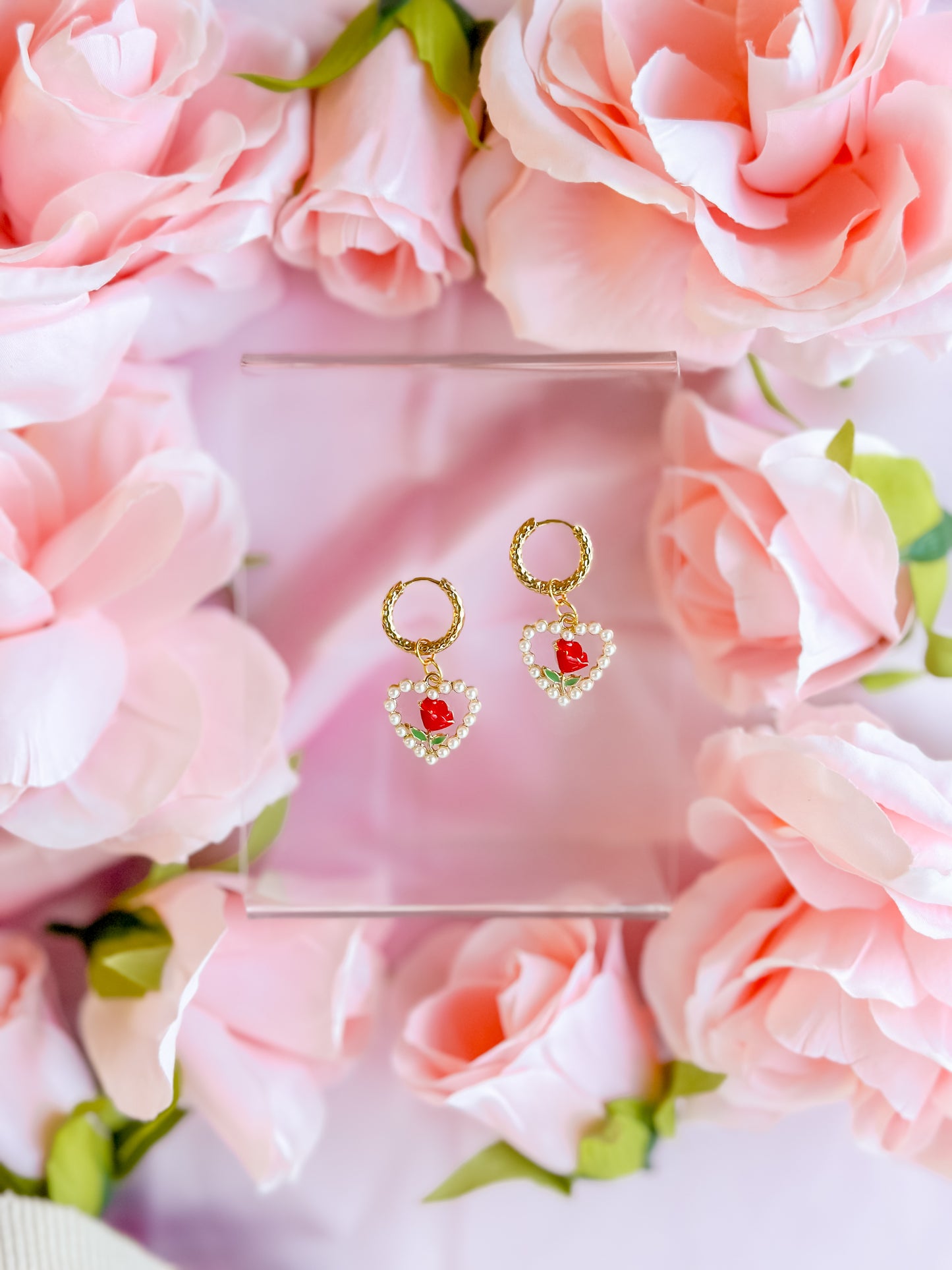 Pearl Rose Heart Charm Huggie Hoops