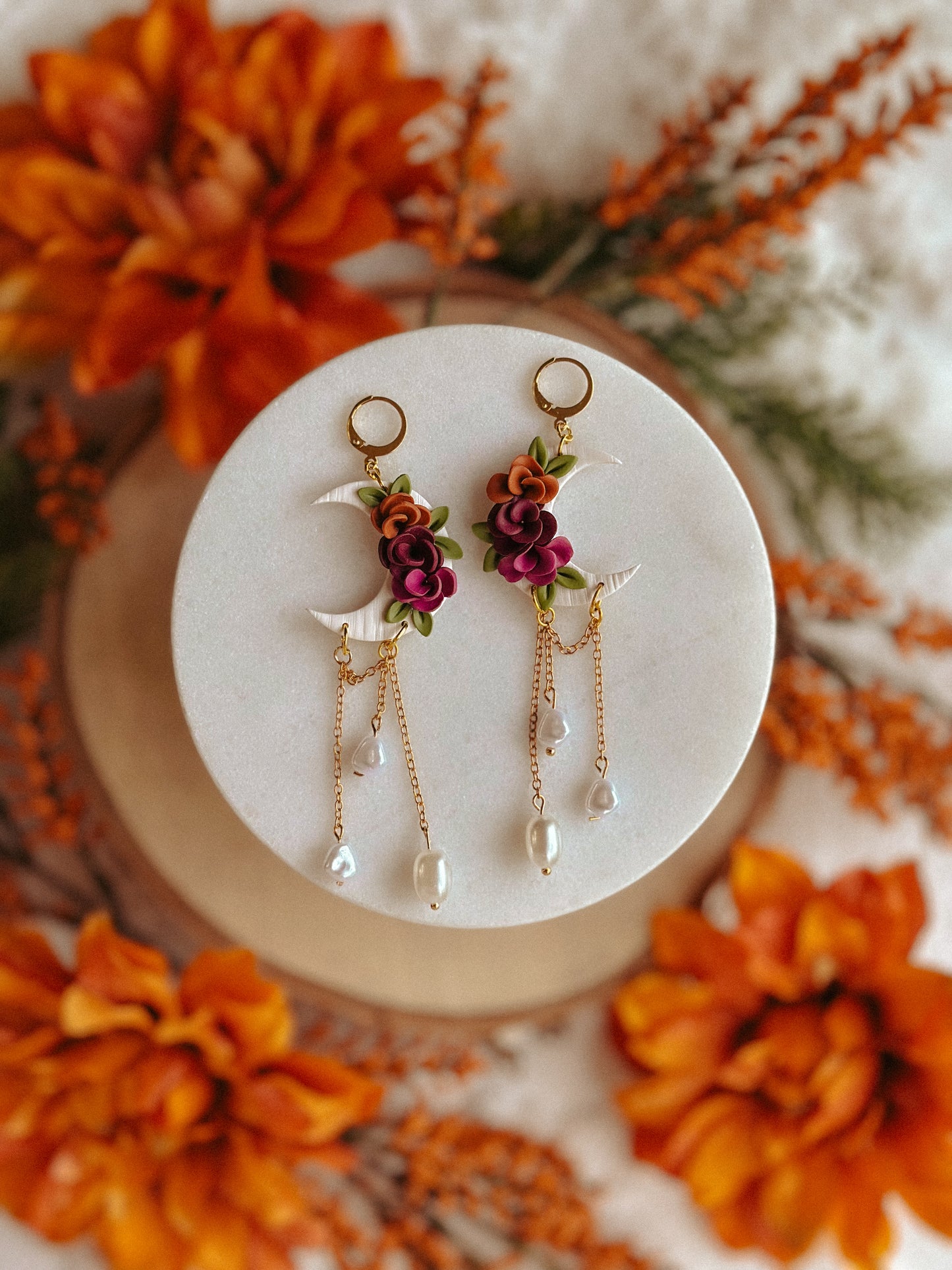 Autumn Floral Crescent Moon Pearl polymer clay dangle earrings