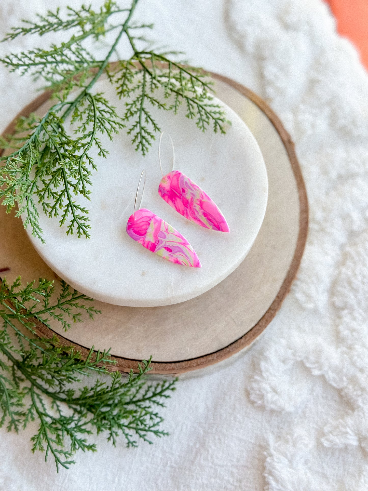 Pink Mokume Gane Daggers on Silver Hoops