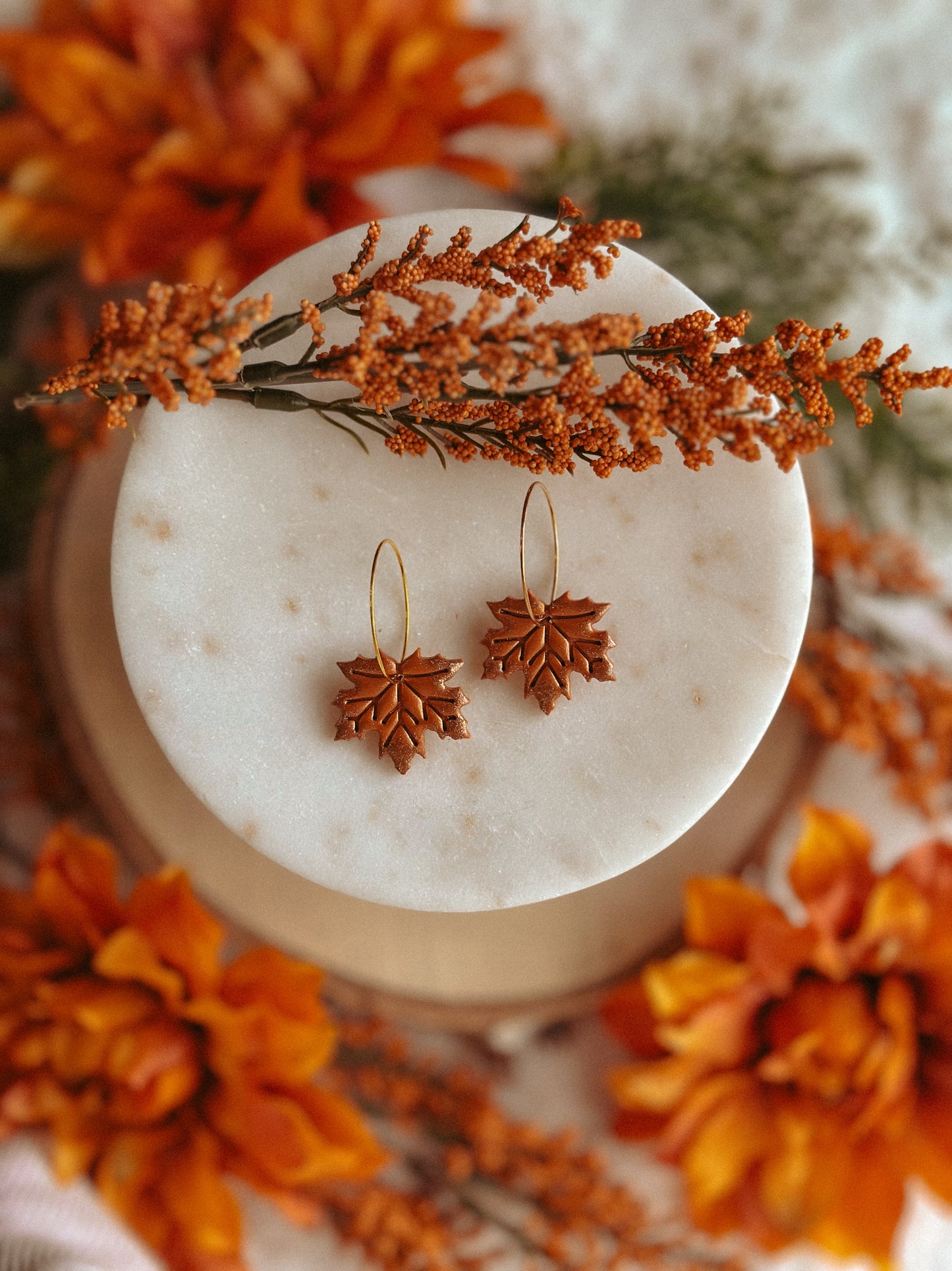Pumpkin shimmer maple leaf hoop polymer clay earrings autumn jewelry