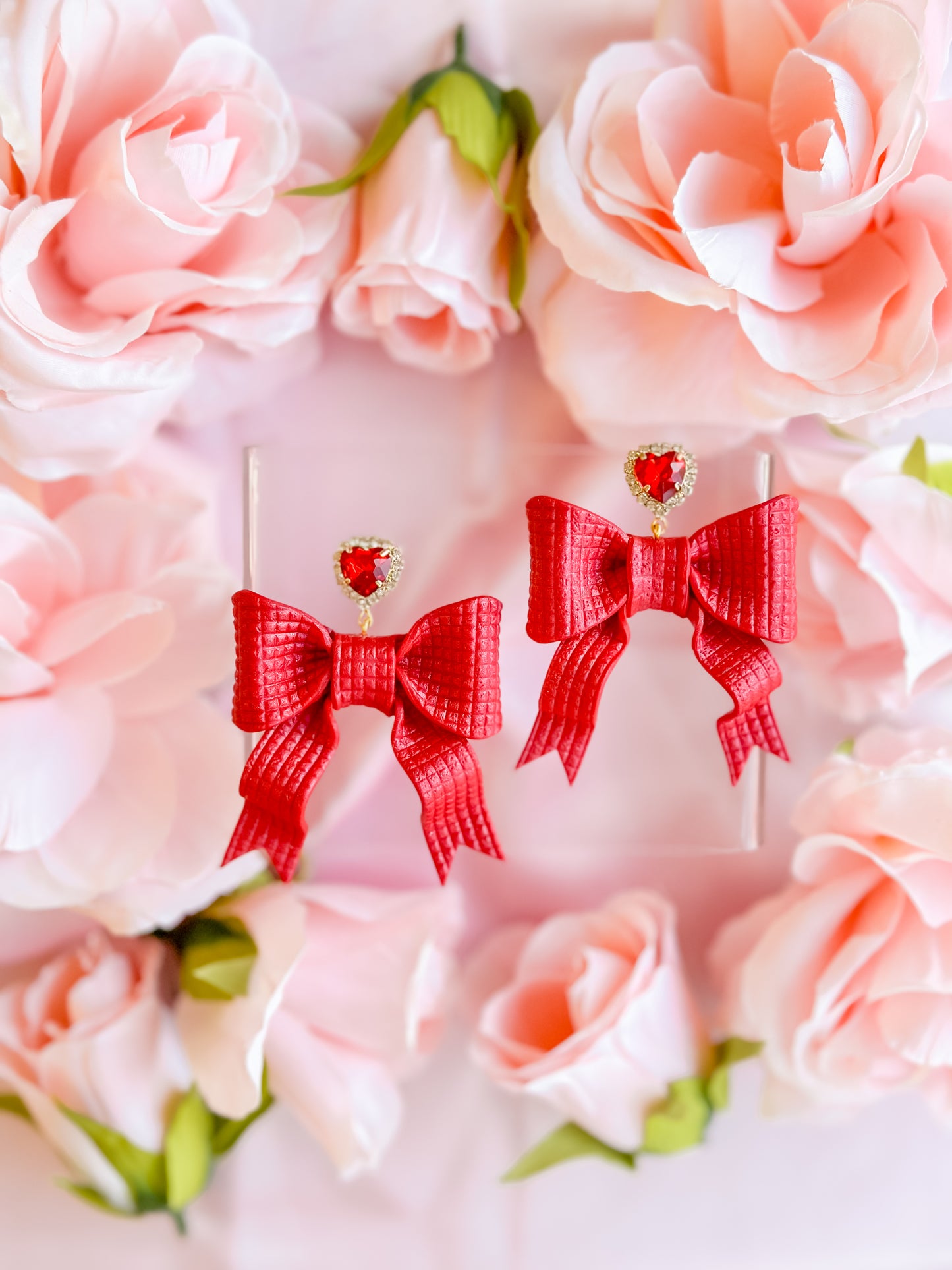 Ruby Red Bows Heart Charm Dangles