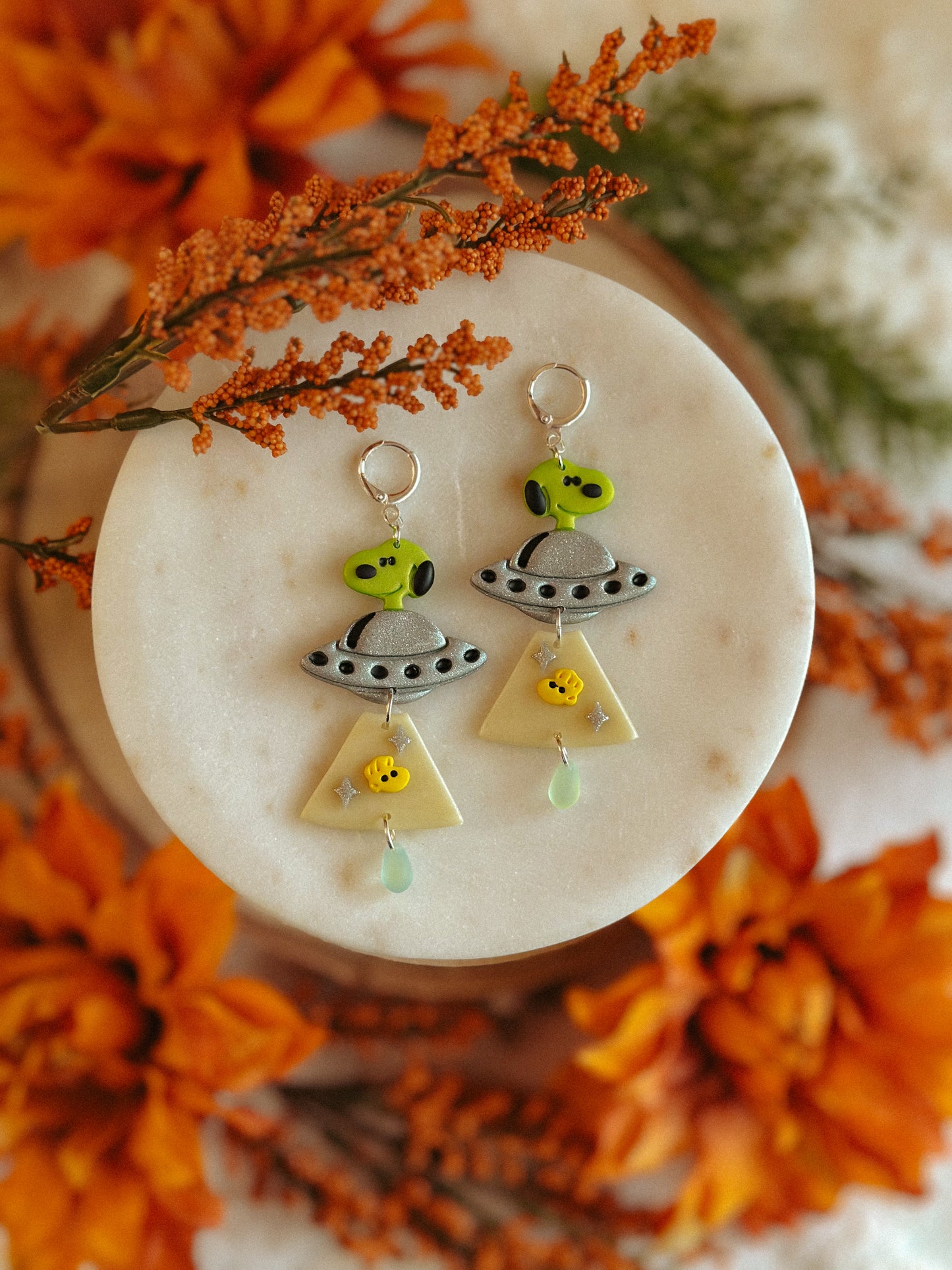 Snoopy Alien Abduction Glow-in-the-Dark Dangle earrings polymer clay with glow feature