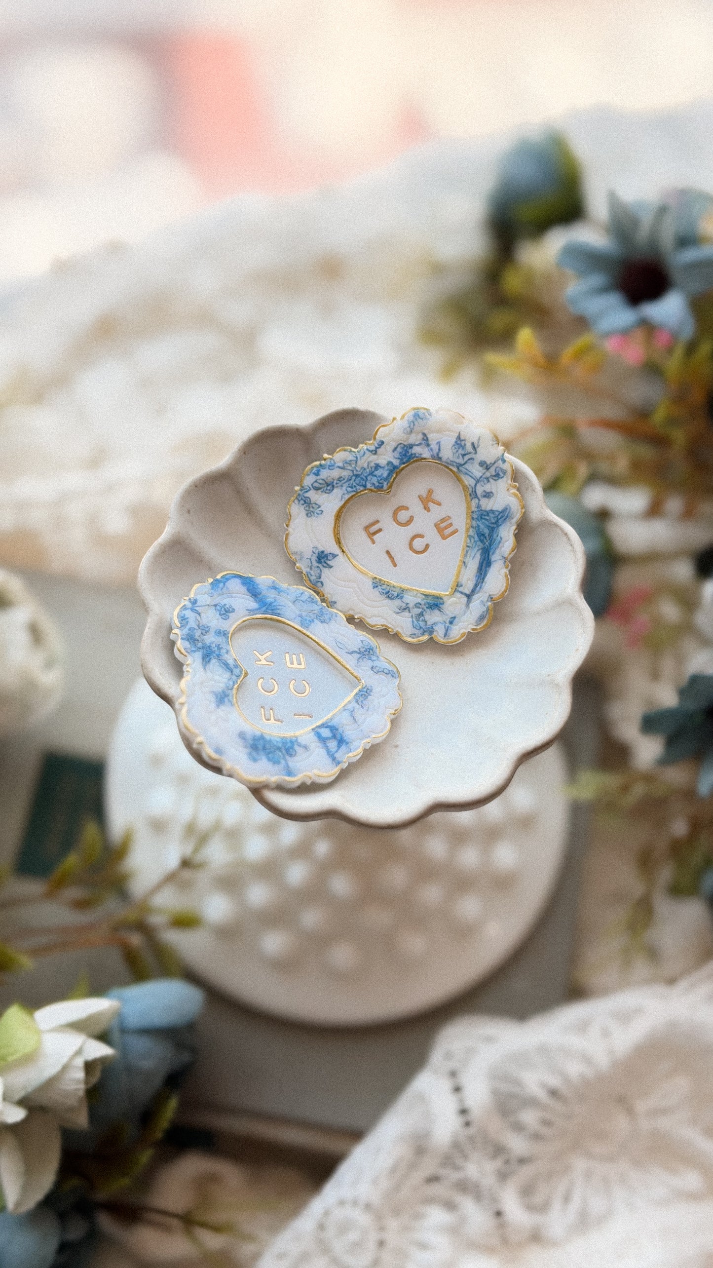 Handmade polymer clay Chinoiserie FCK ICE Heart Frame Brooch with bold heart design on white background — statement accessory pin for jackets and bags.