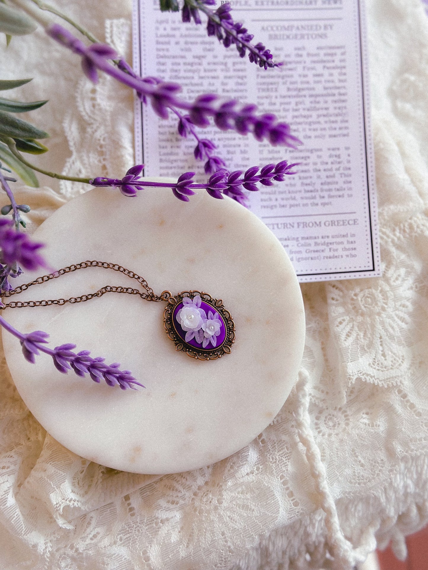 Violet Translucent Floral Cameo Necklace- Antique Bronze/ 10”