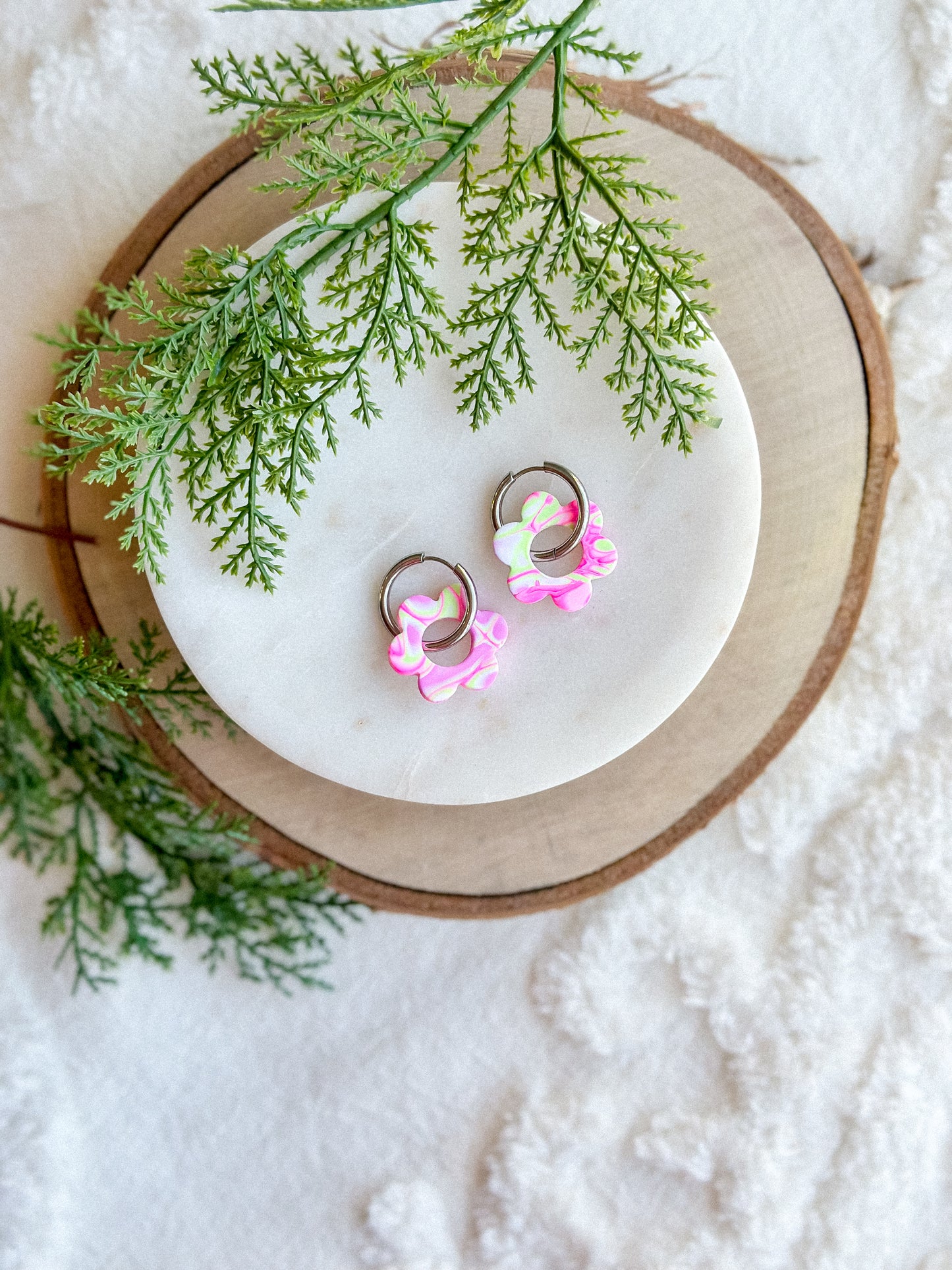 Pink Mokume Gane Daisies on Silver Huggies