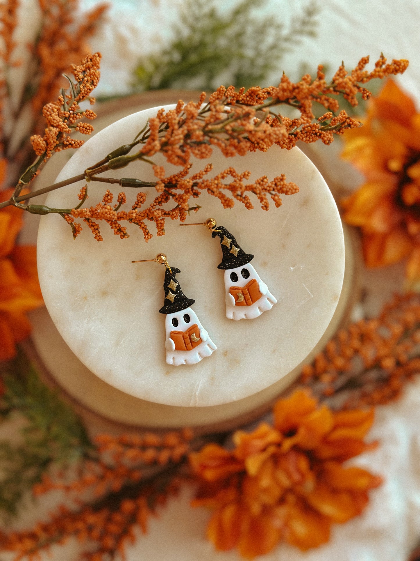 Witchy Ghost Drop polymer clay earrings witch ghost motif Halloween jewelry