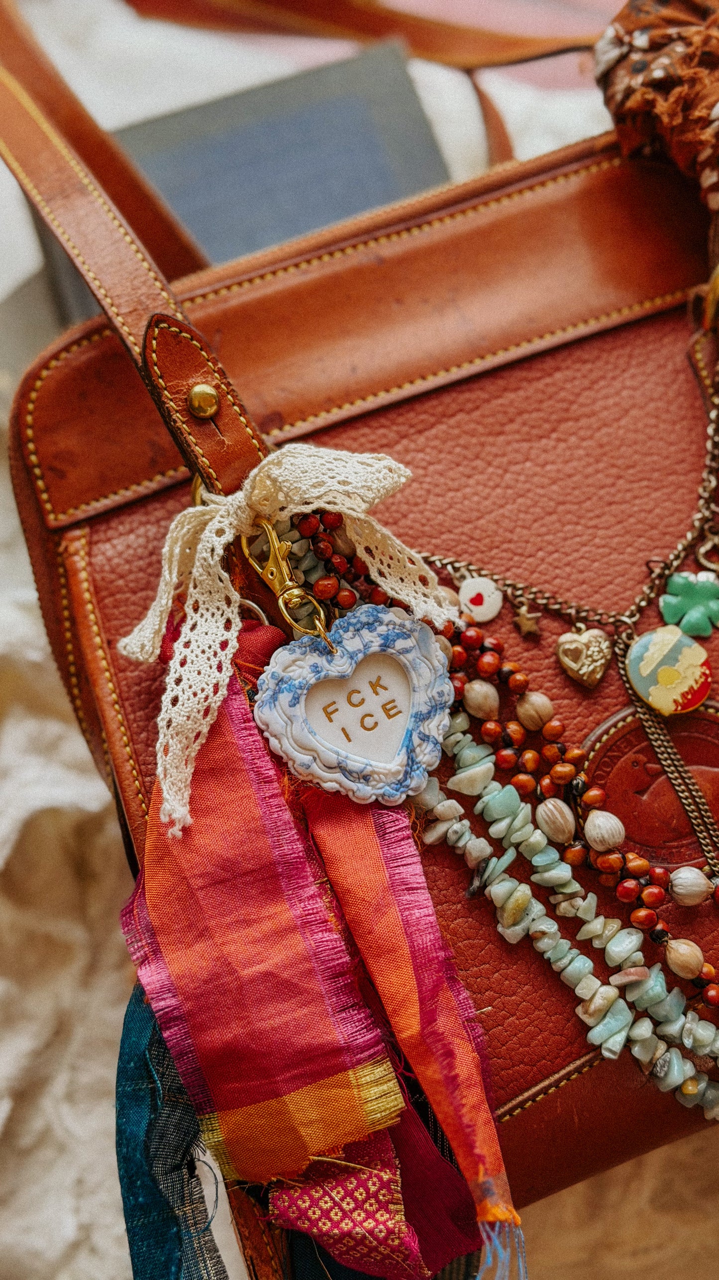 FCK ICE Chinoiserie Heart Keychain- Handmade Polymer Clay Bag Charm