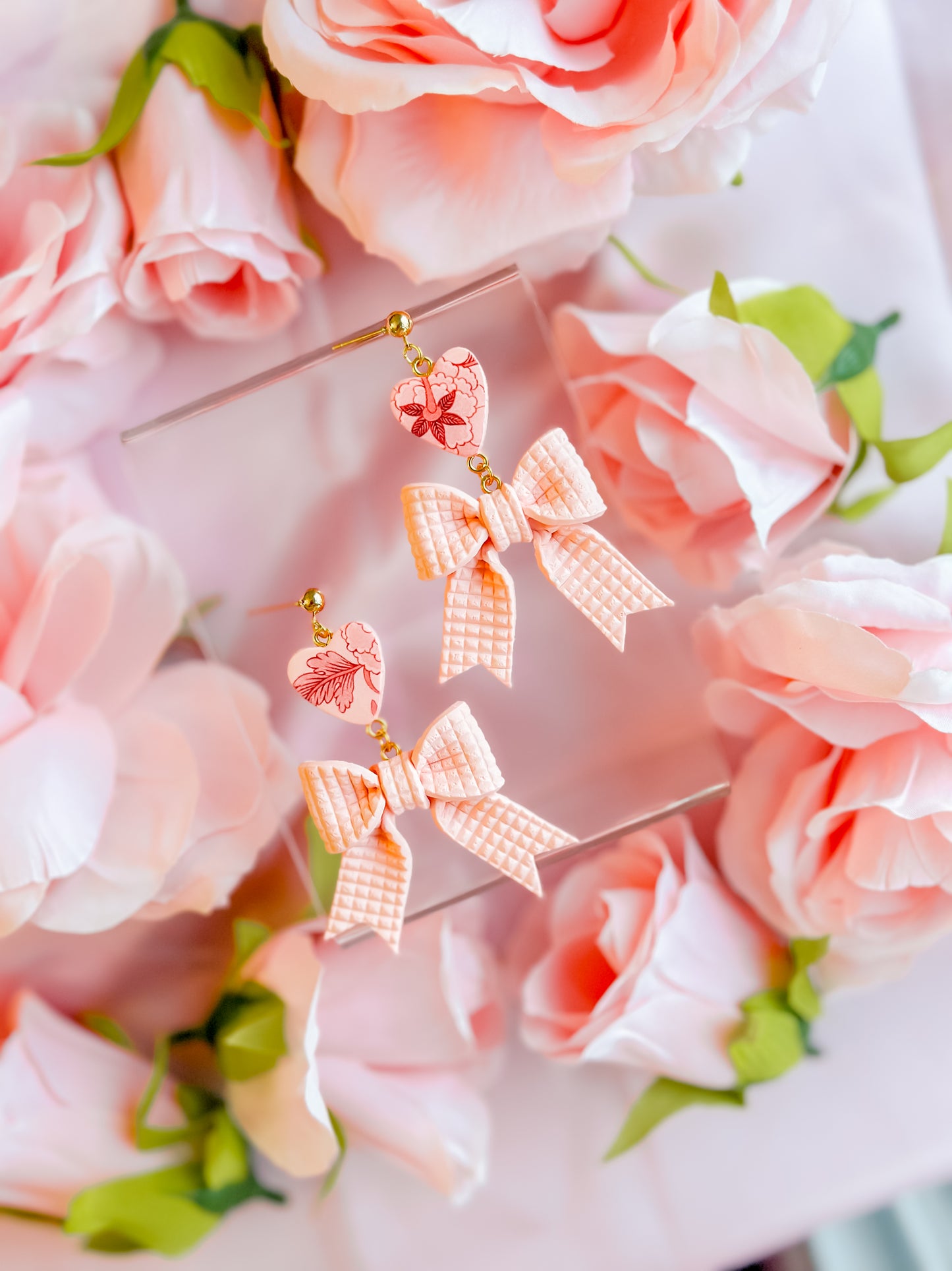 Peach Fuzz Bows w/ Chinoiserie Hearts Dangles