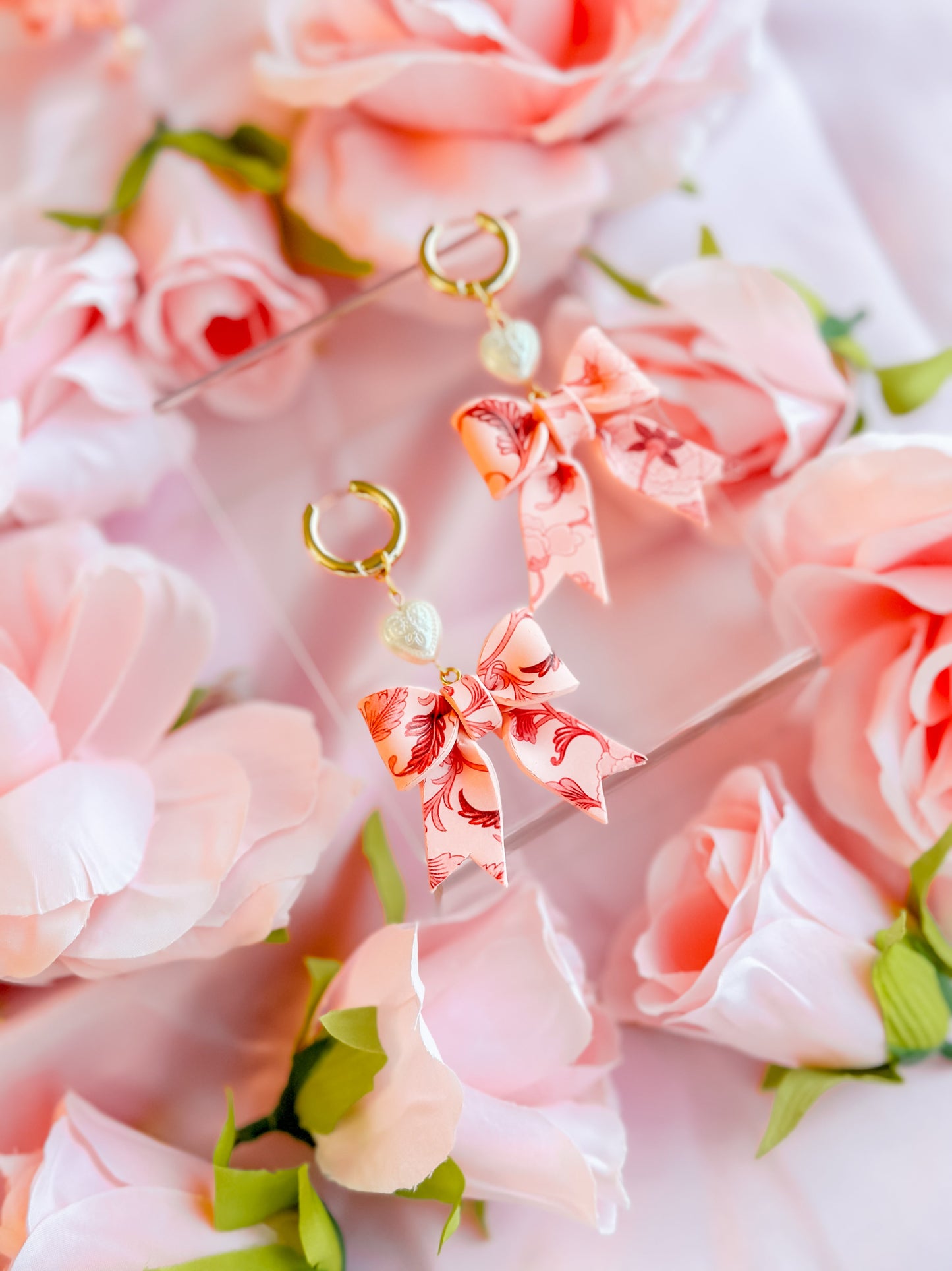 IMPERFECT Peach Fuzz Chinoiserie Bows w/ Pearls Huggie Hoops