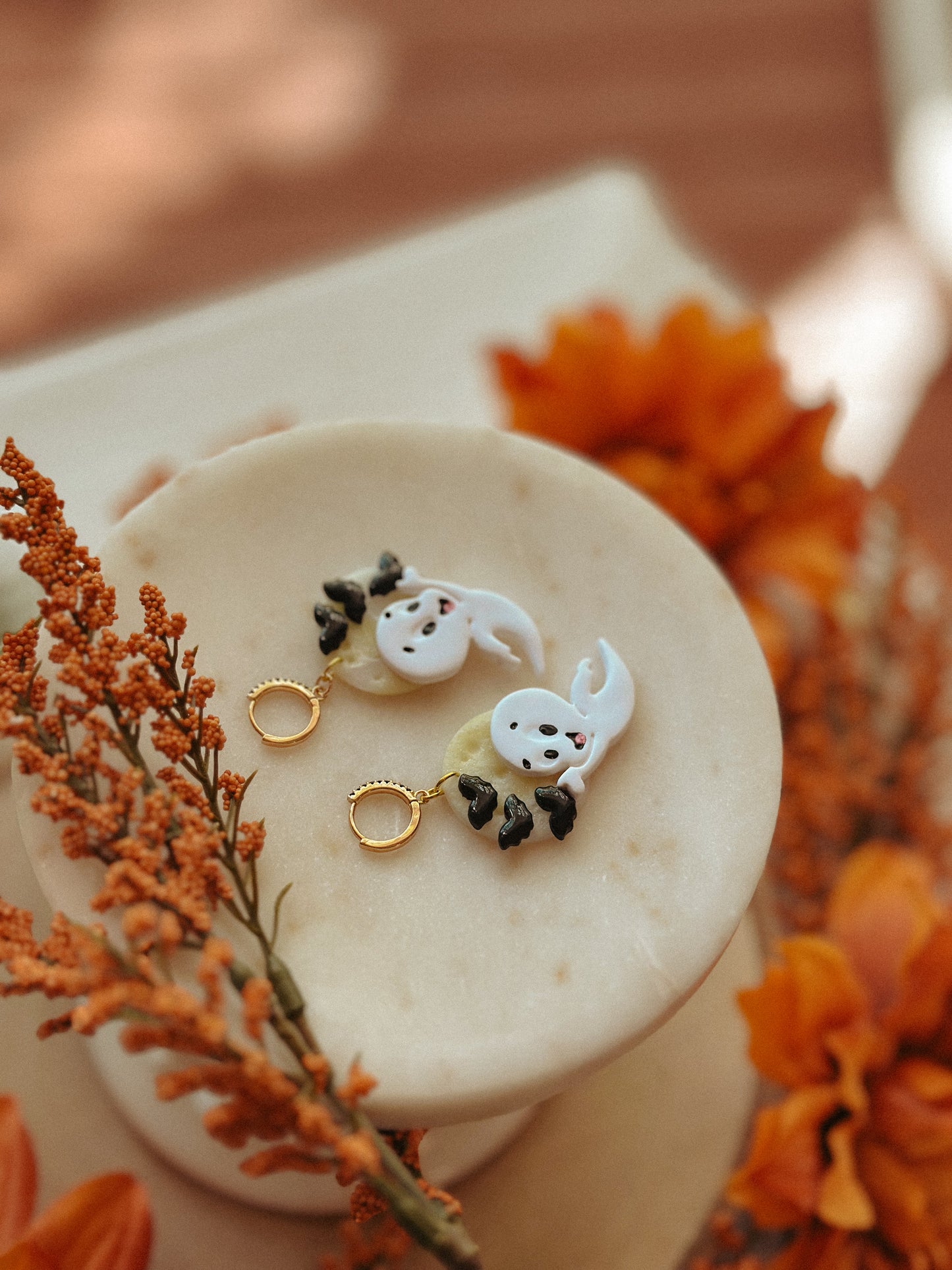 Casper glow in the dark full moon polymer clay earrings Halloween moon drops