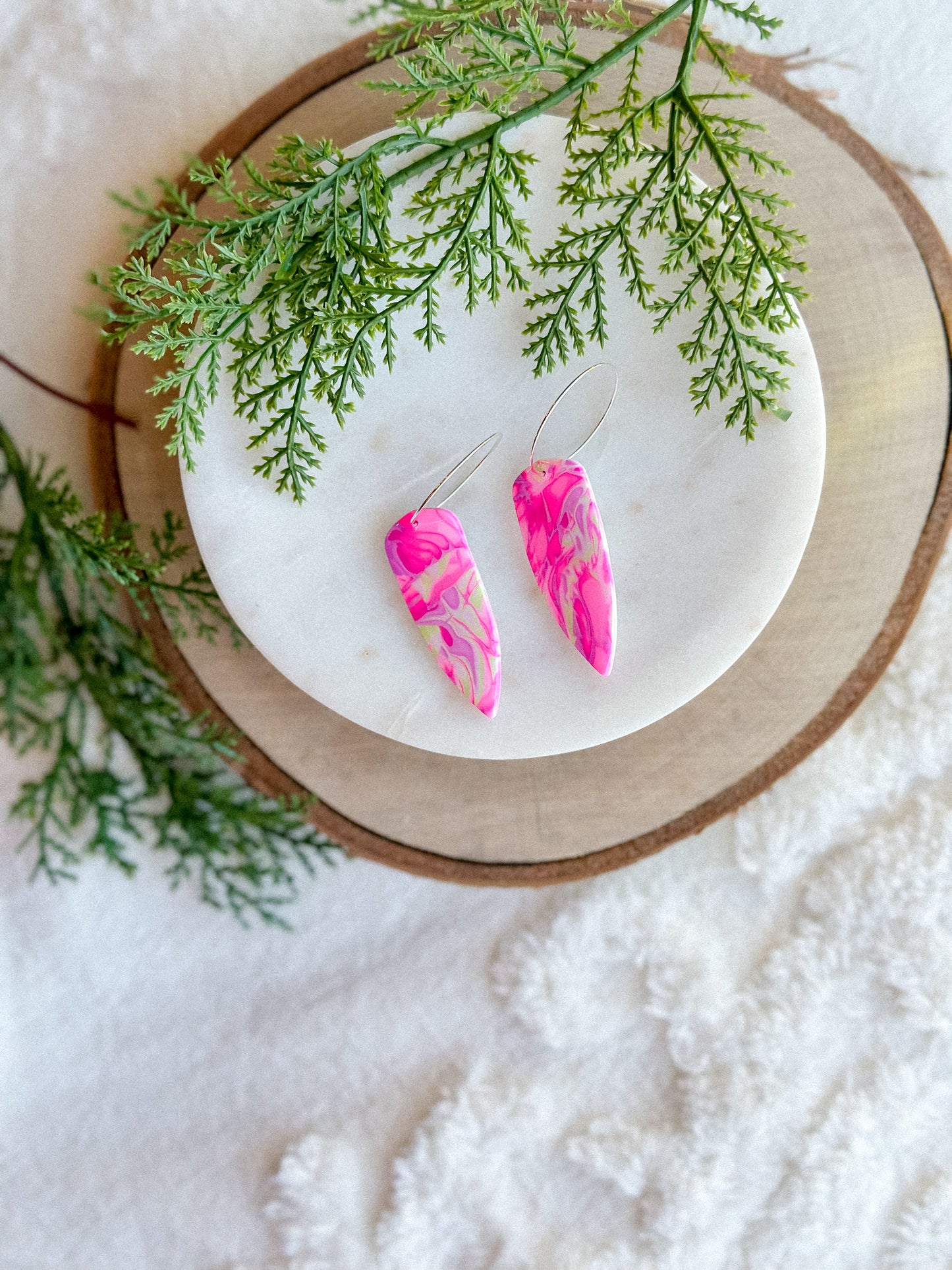 Pink Mokume Gane Daggers on Silver Hoops