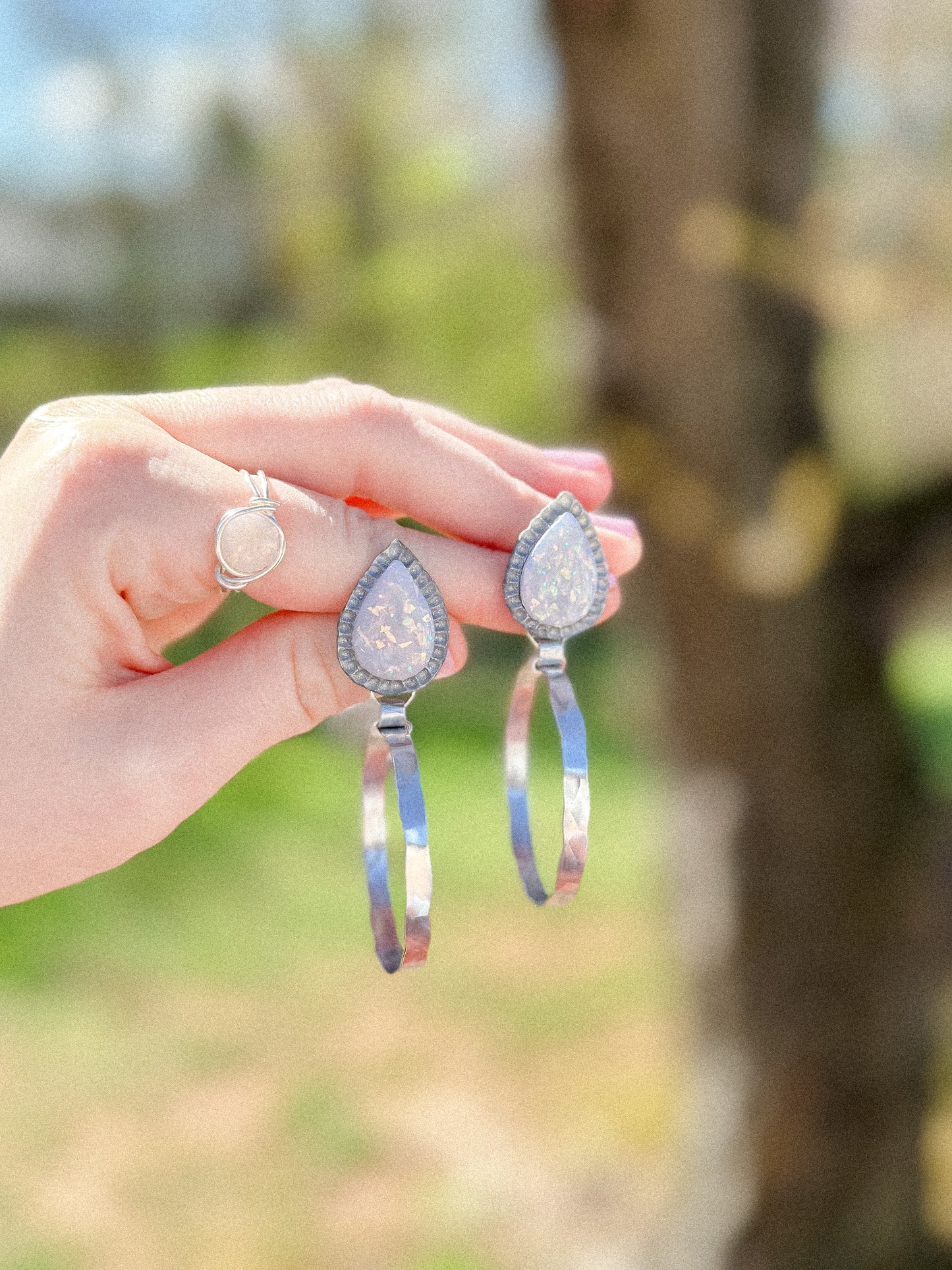 Opal Silver Hammered Hoop Earrings