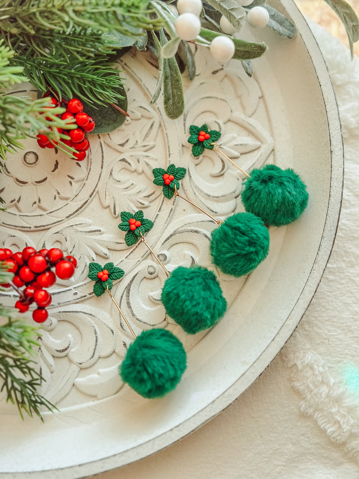 Holly Sprig Green Pom Drops