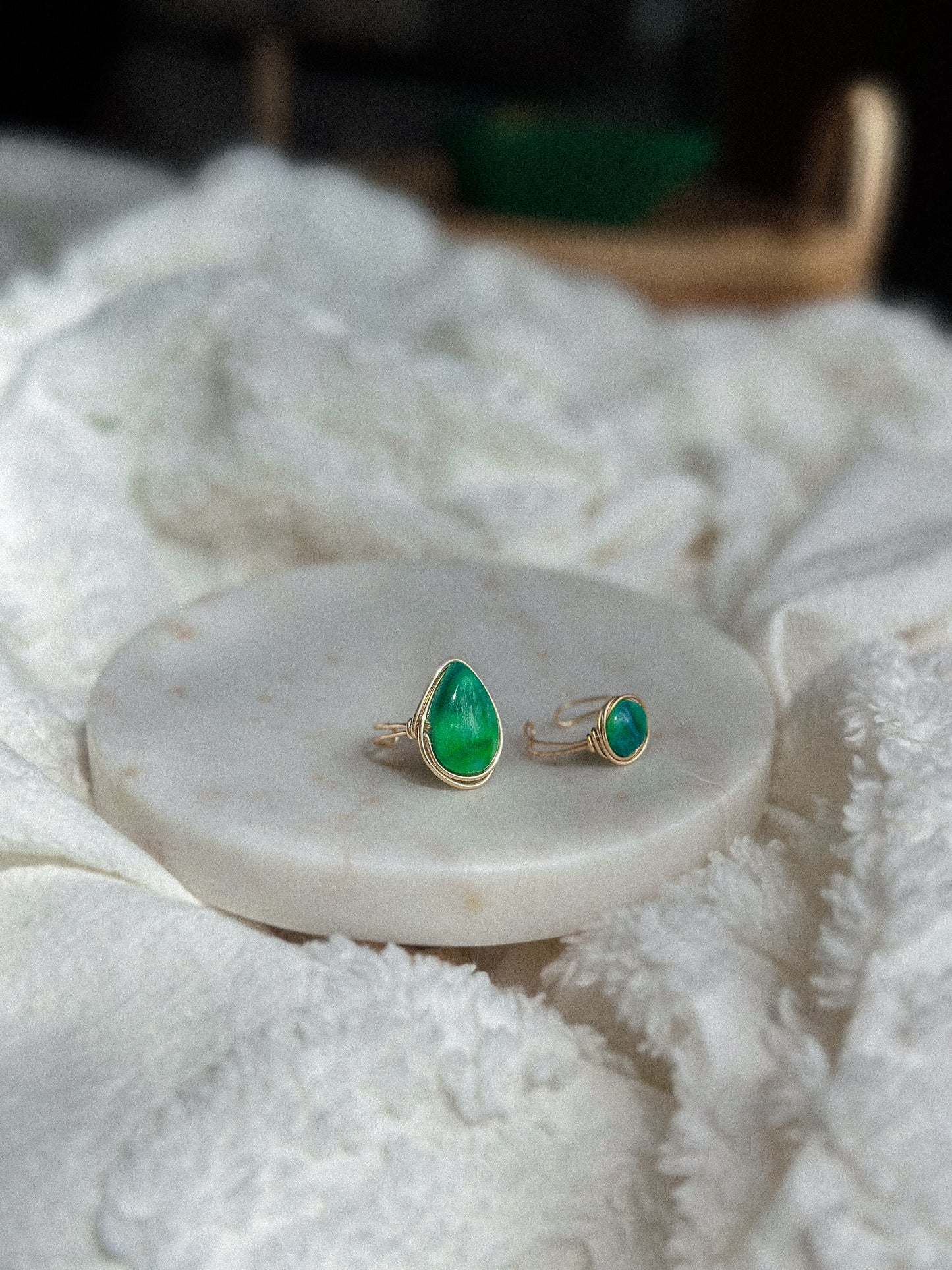 Caladan Green Round Gold Wire Wrapped Adjustable Ring