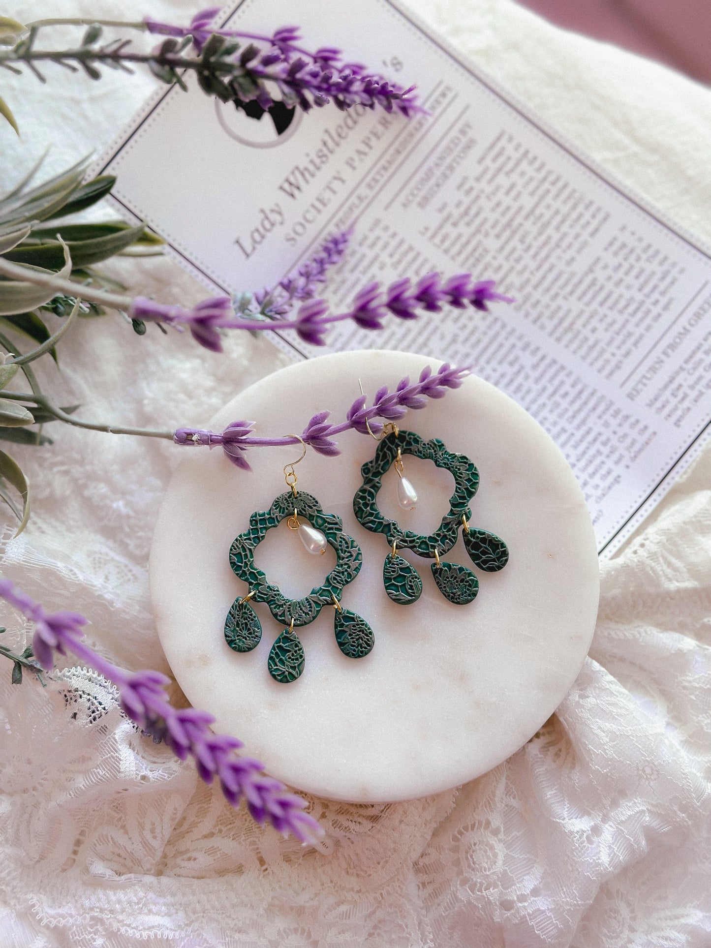 Emerald Lace Damask Cutout Pearl Drops
