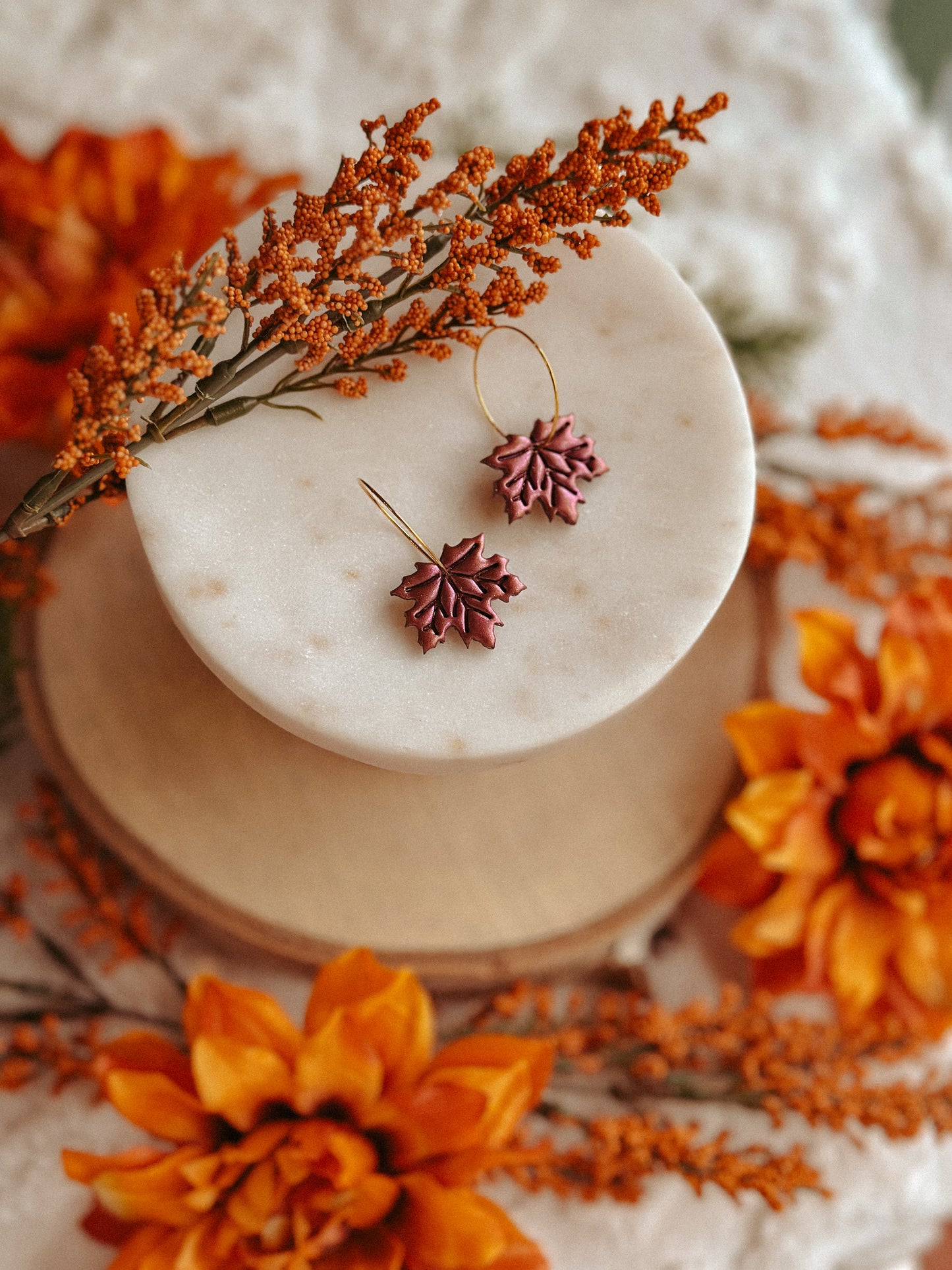 Mulberry shimmer maple leaf hoop polymer clay earrings autumn jewelry
