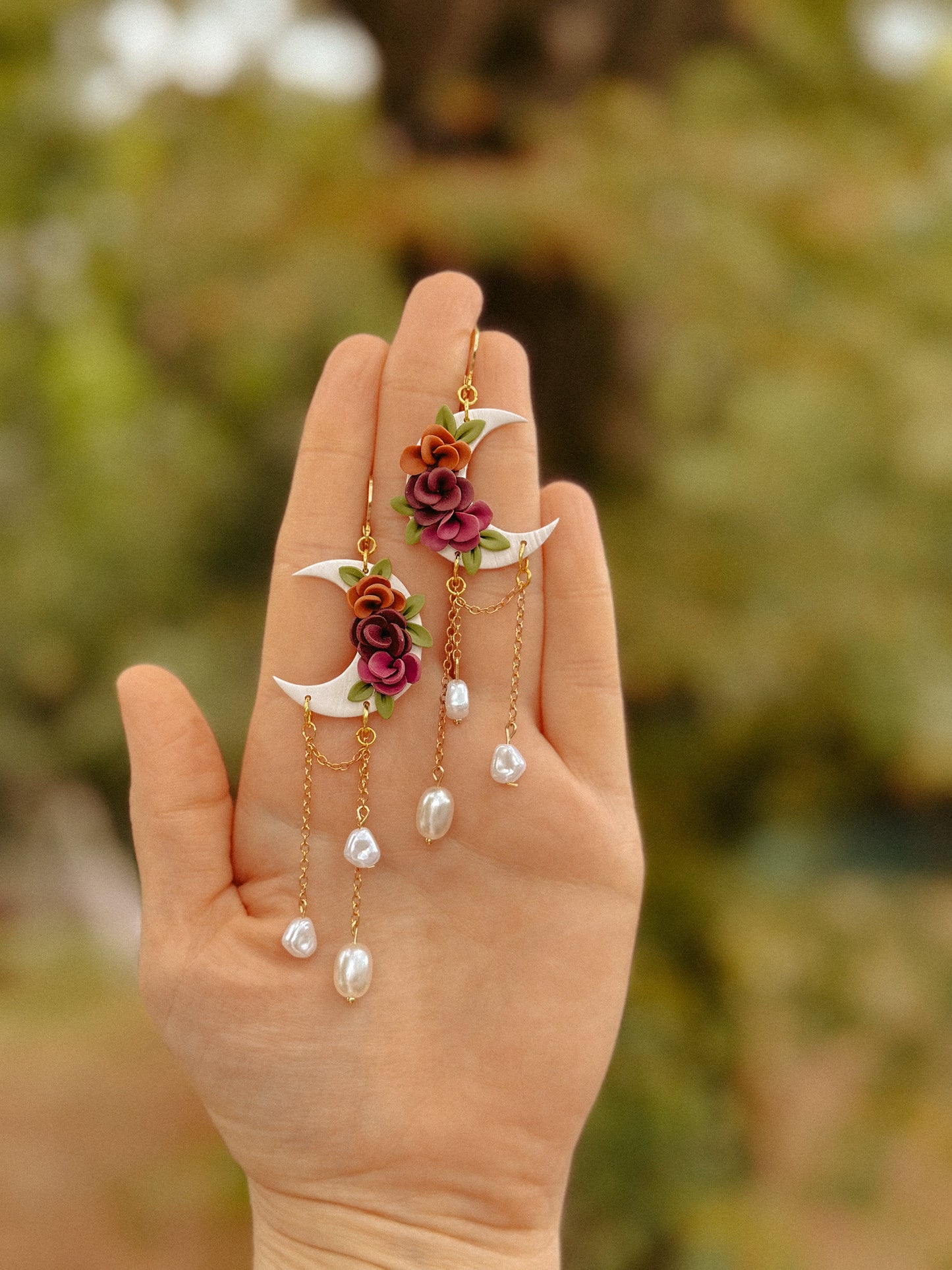 Autumn Floral Crescent Moon Pearl polymer clay dangle earrings