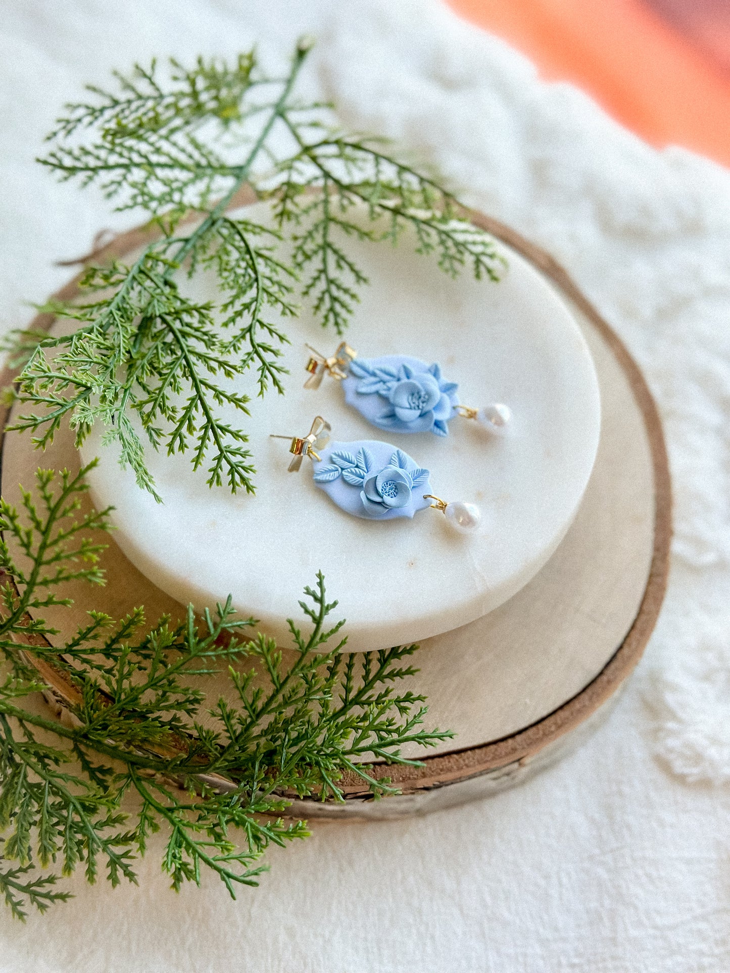 Eloise Blue Floral Pearl Drops w/ Gold Bows