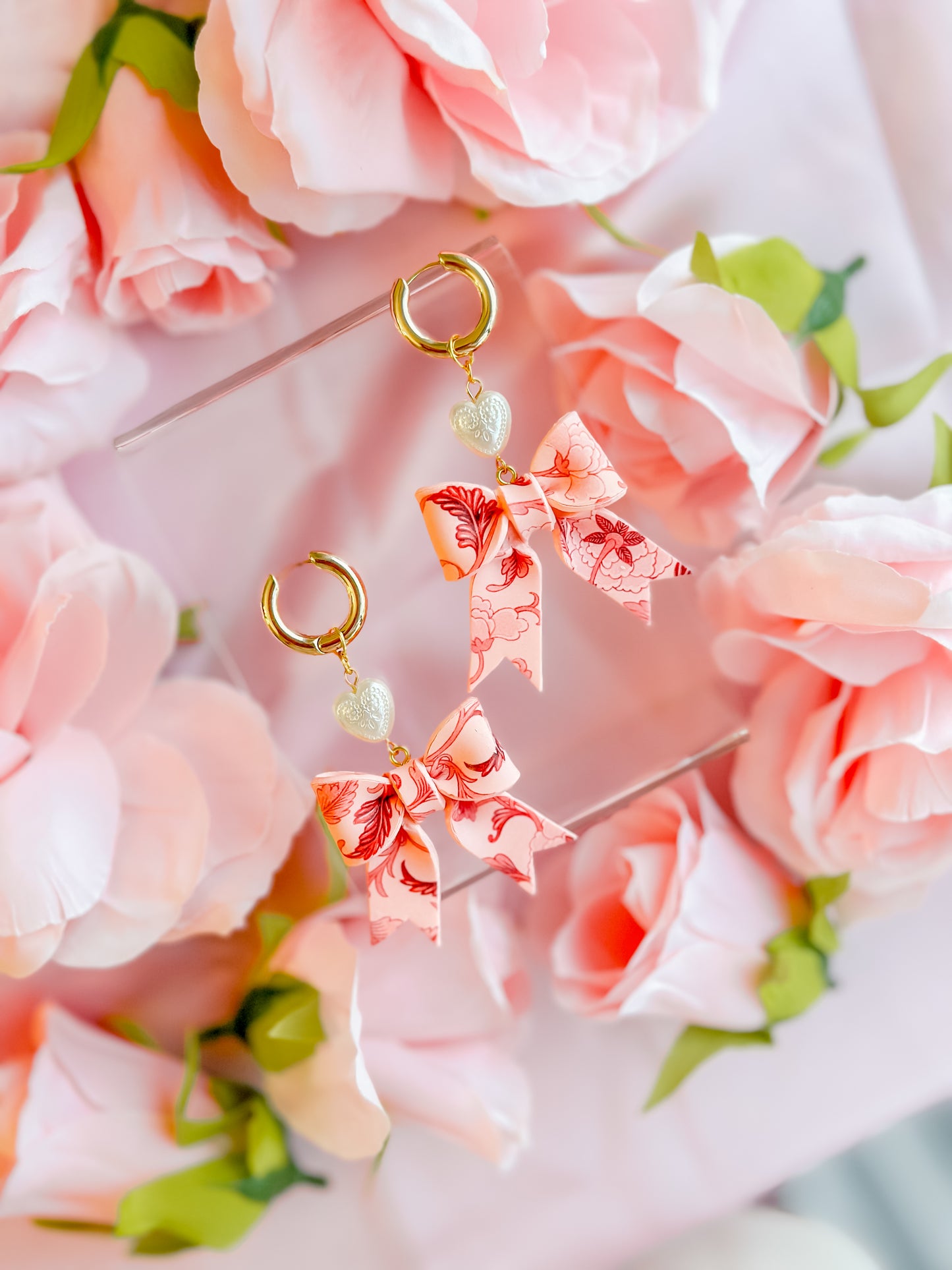 Peach Fuzz Chinoiserie Bows w/ Pearls Huggie Hoops