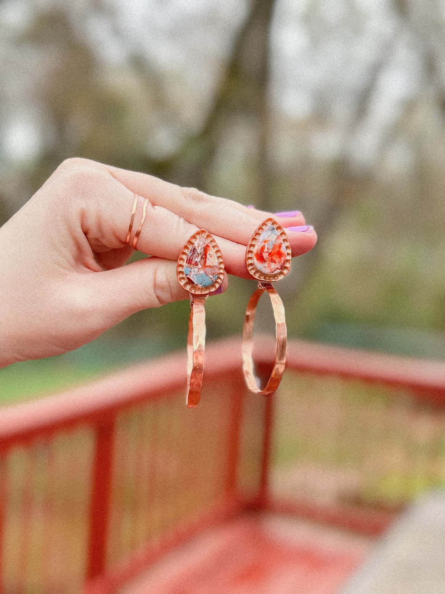 Oyster Copper Turquoise Hammered Hoop Earrings