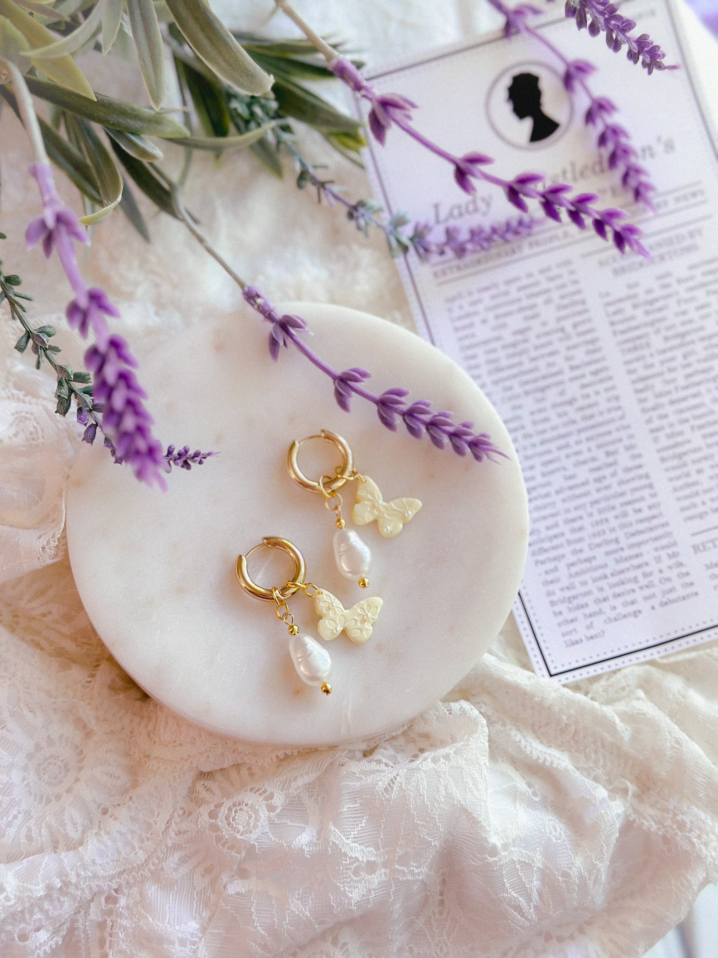 Daisy Pearl Butterfly Charm Huggies