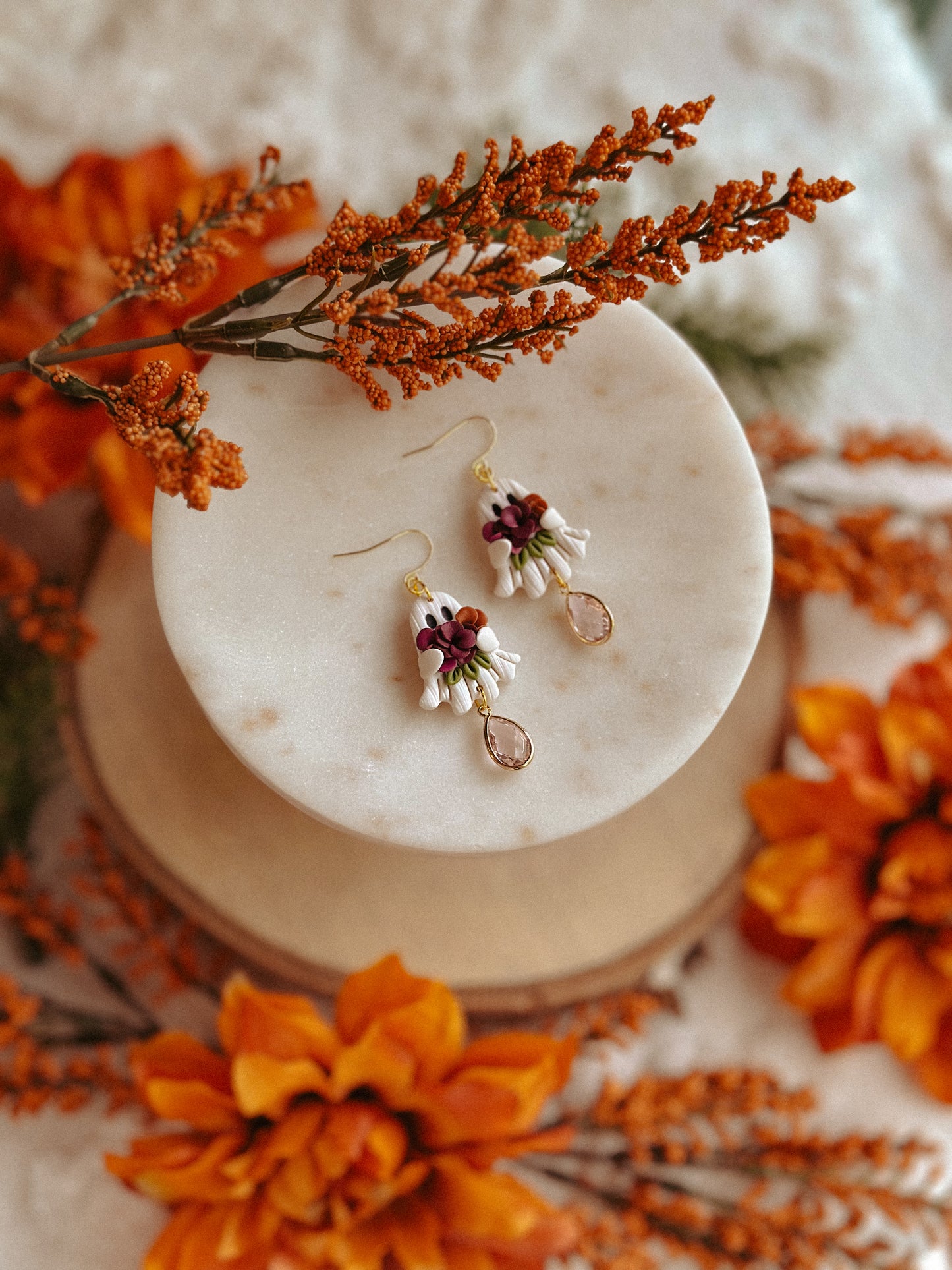 Handmade Halloween ghost floral bouquet polymer clay dangle earrings