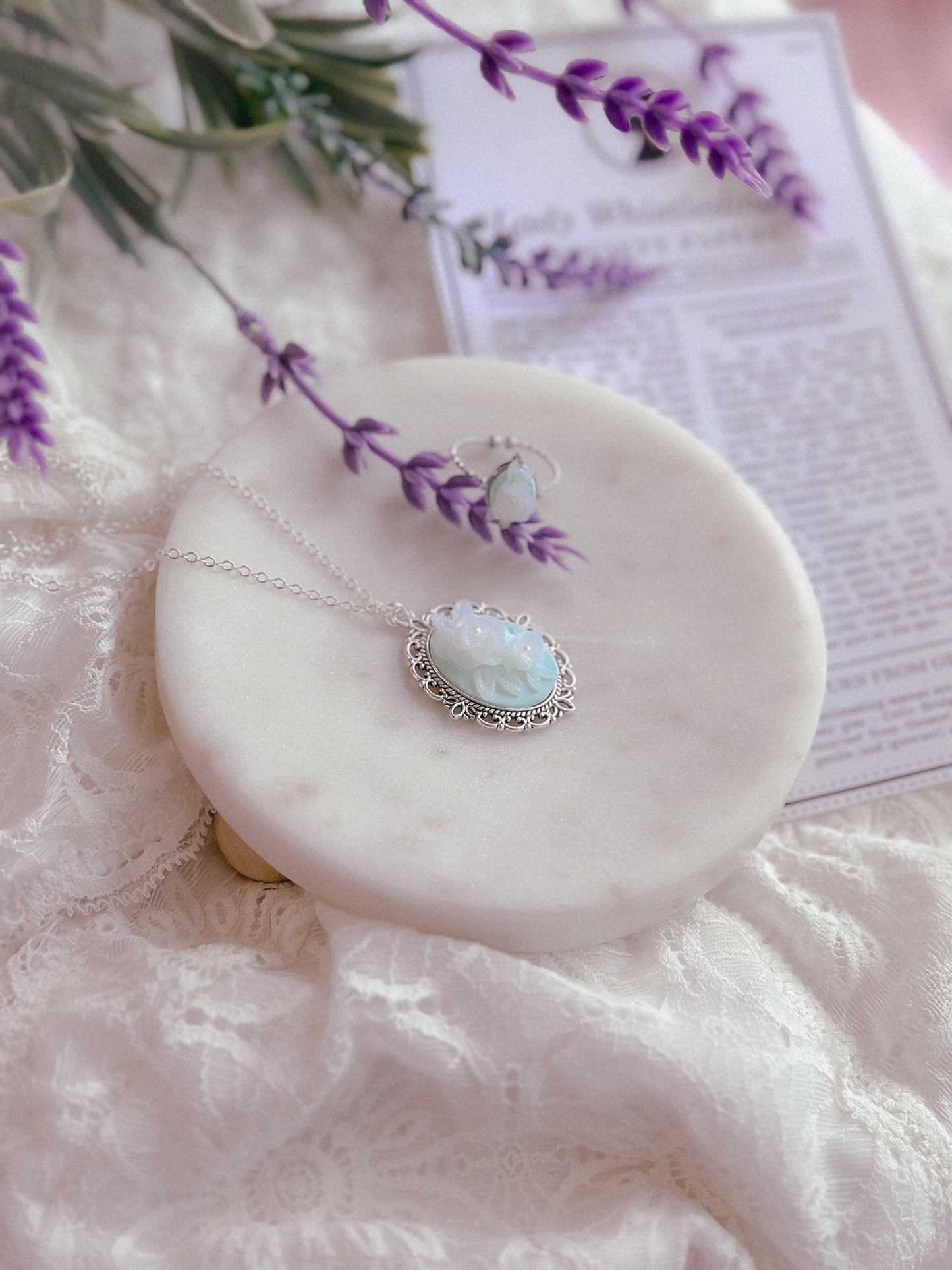 Translucent Floral Cameo Necklace- Mint Silver / 10”