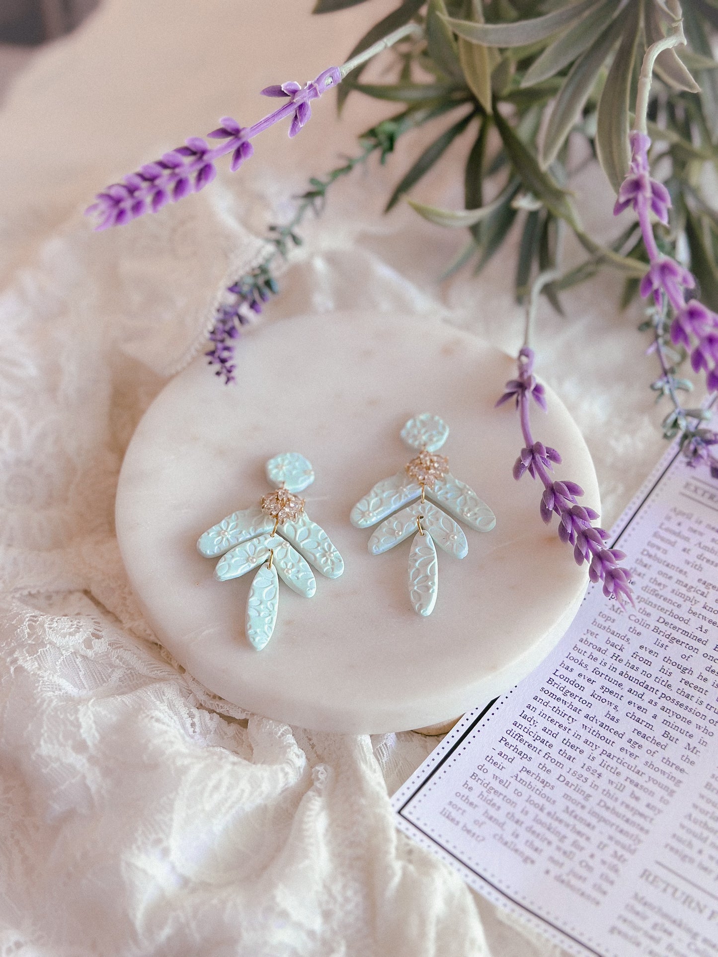 Mint Lace Daisy Crystal Dangles