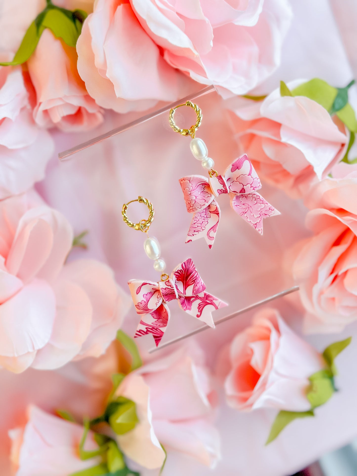 IMPERFECT Pink Chinoiserie Bows Pearl Huggie Dangles