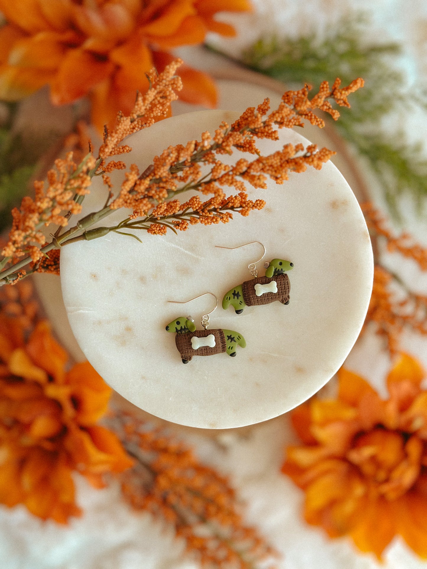 Frankenween Drops polymer clay Halloween dangle earrings with spooky design