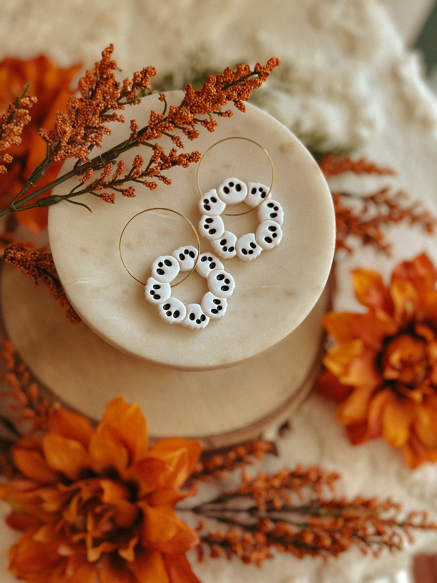 Handcrafted skull wreath hoop earrings for Halloween or gothic style