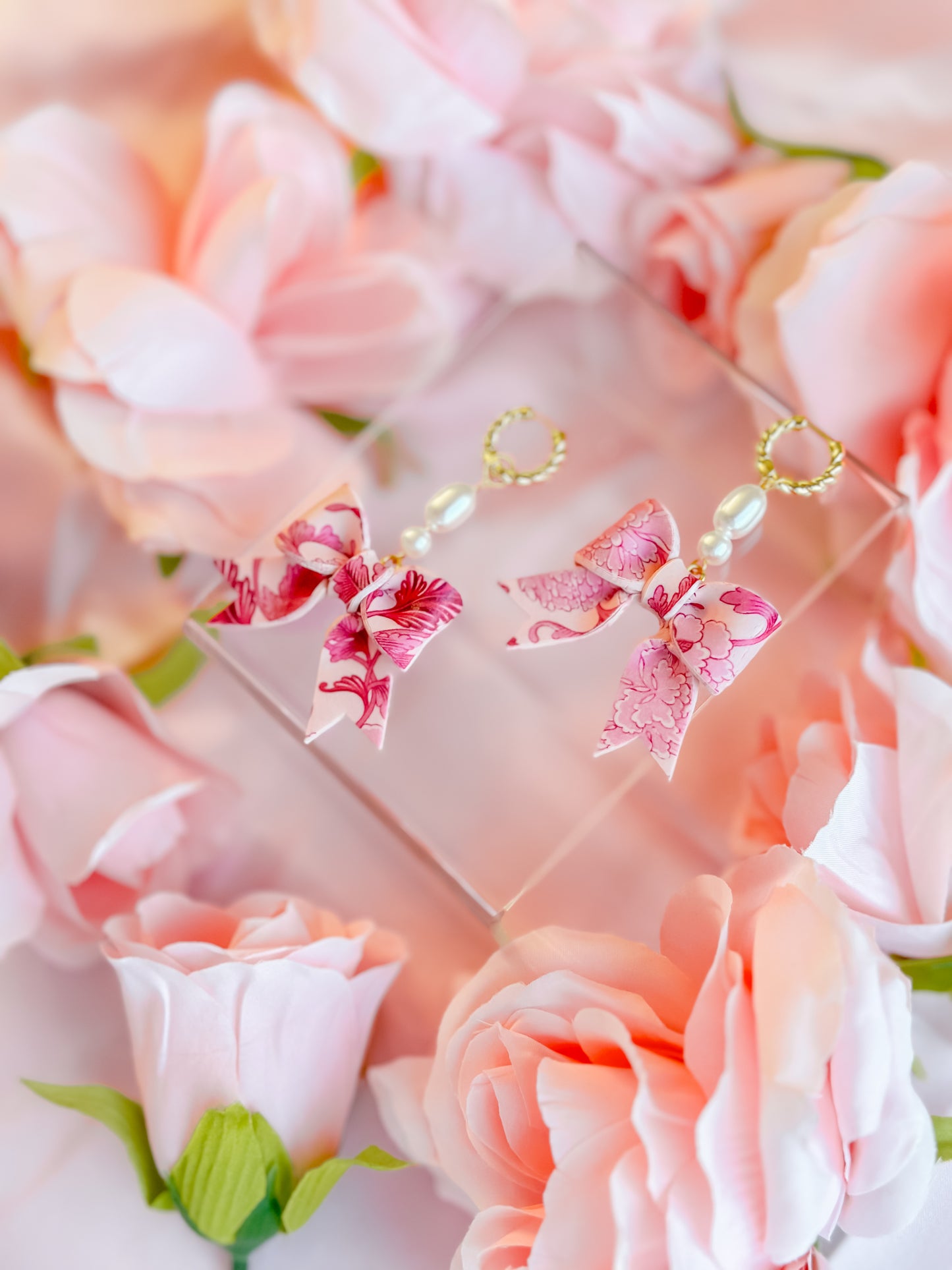 Pink Chinoiserie Bows Pearl Huggie Dangles