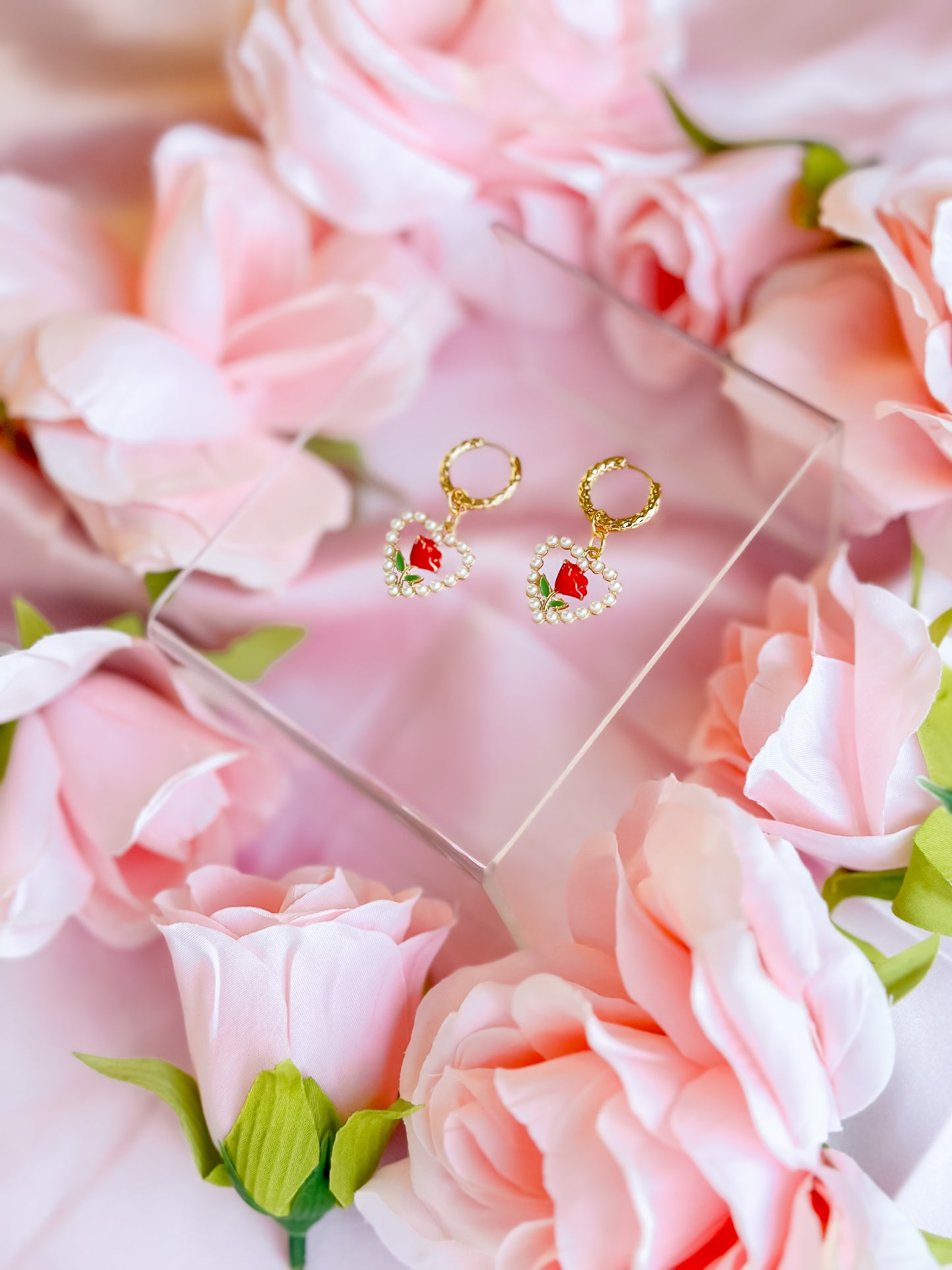 Pearl Rose Heart Charm Huggie Hoops