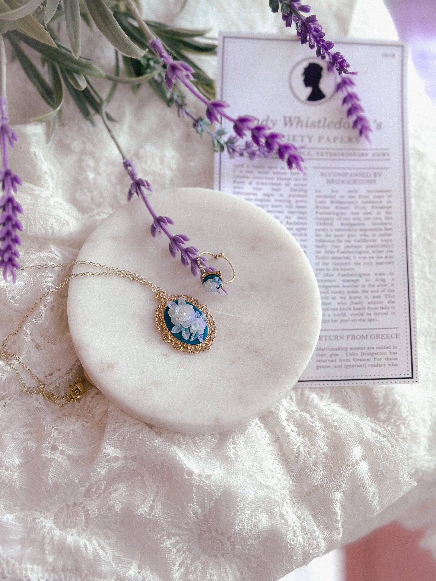 Translucent Floral Cameo Necklace- Gold / 10”