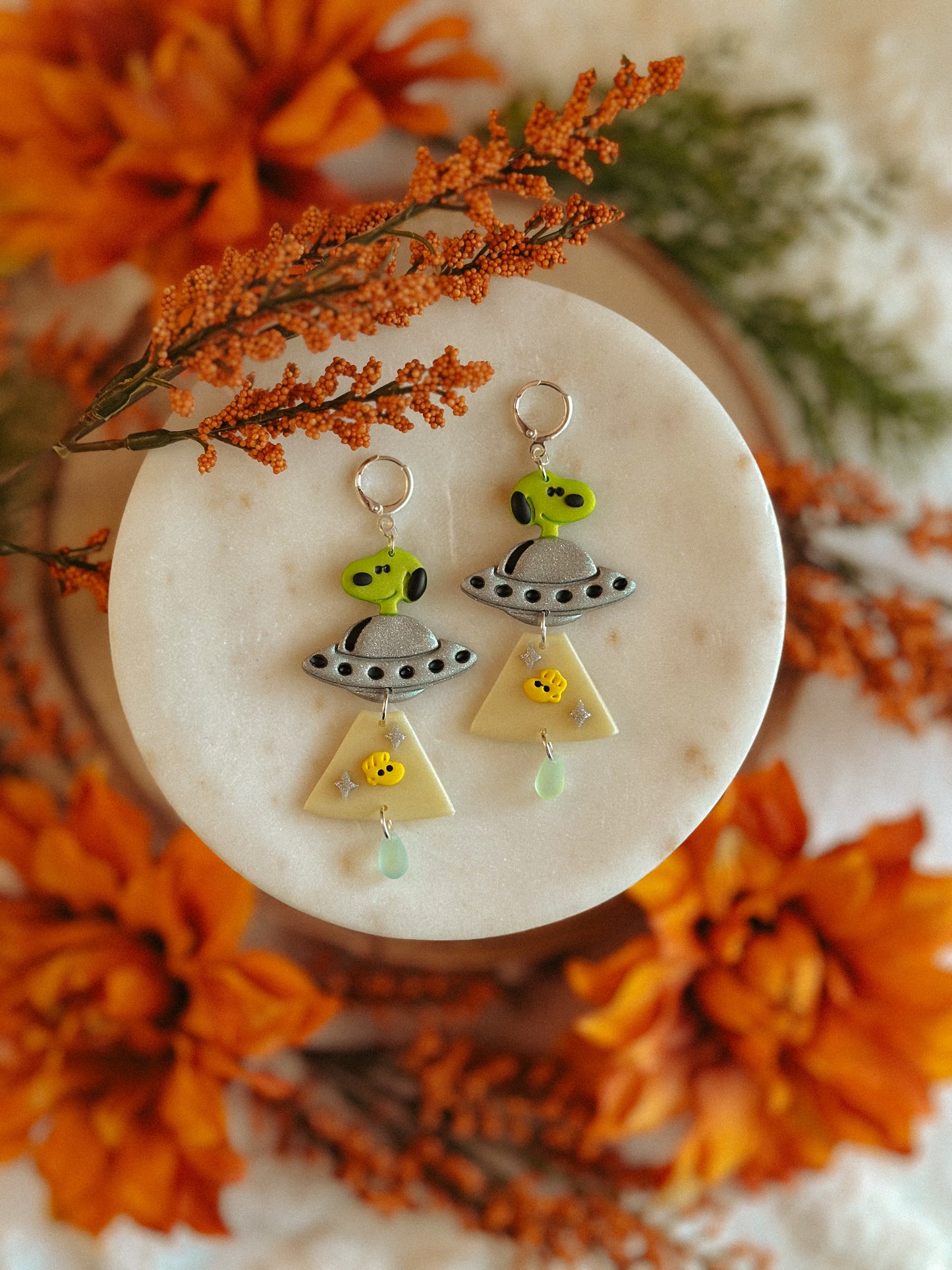 Handmade glow-in-the-dark Snoopy alien dangle earrings for Halloween