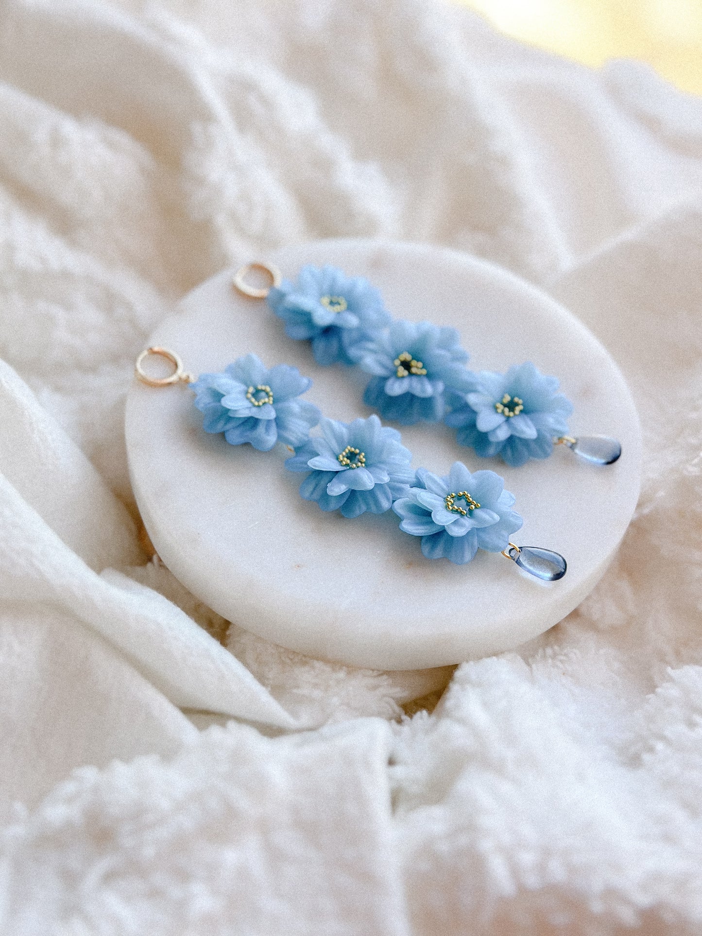 Blue Translucent Triple Flowers Dangles Earrings